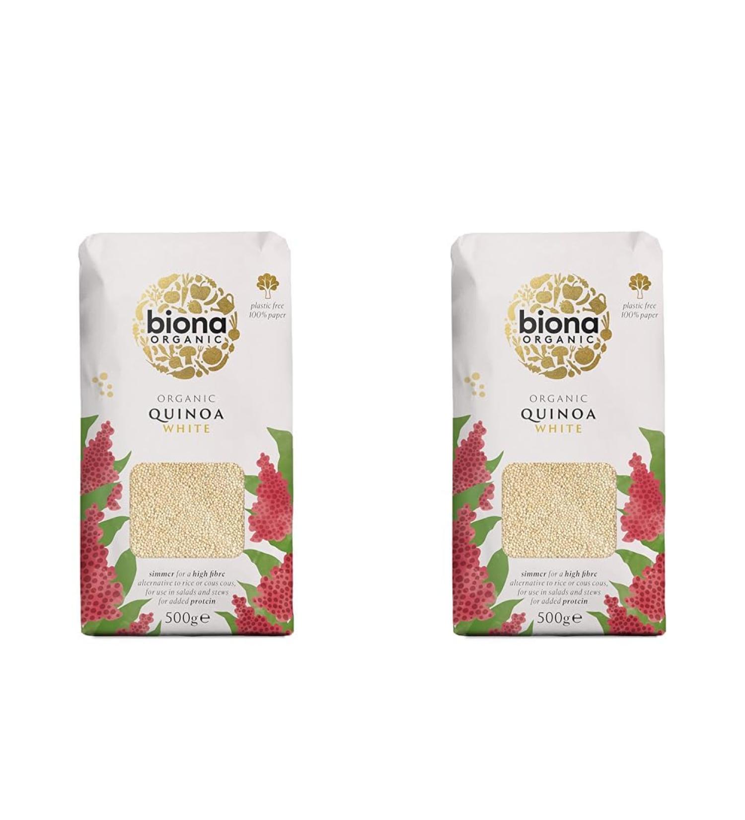 Biona Organic White Quinoa 500g - Organically Grown Without GMOs -Wheat-free Alternative - Naturally Vegan & High in Fibre - Sustainable 100% Recyclable Paper Packaging -For Salads Stews and Cooking Pack of 2 - Buy Online on SooperMarket.com