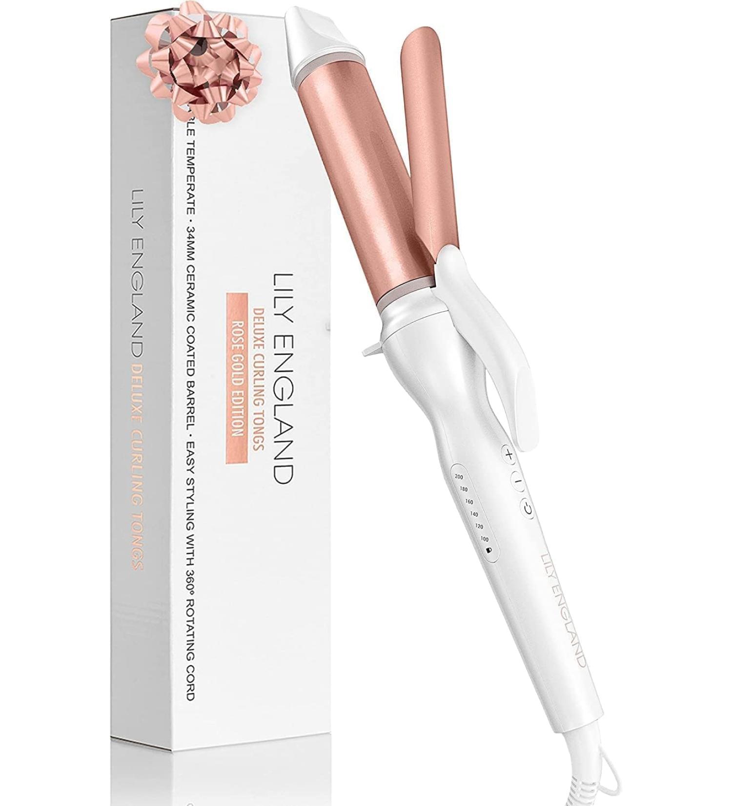 34mm Ceramic Curling Wand for Short to Long Hairstyles - Lily England Rose Gold Curling Tongs - Adjustable Temperature - 2M Swivel Cord - Buy Online on SooperMarket.com