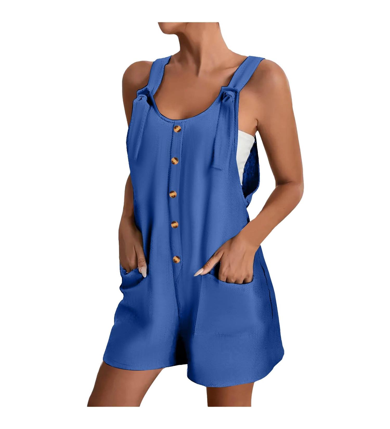 WILLBEST Women's Casual Dungarees Summer Overalls Jumpsuits Short Sleeve Straps Straight Wide Leg Long Pant Romper with Pockets 845-oyvsw-5-blue M - Buy Online on SooperMarket.com