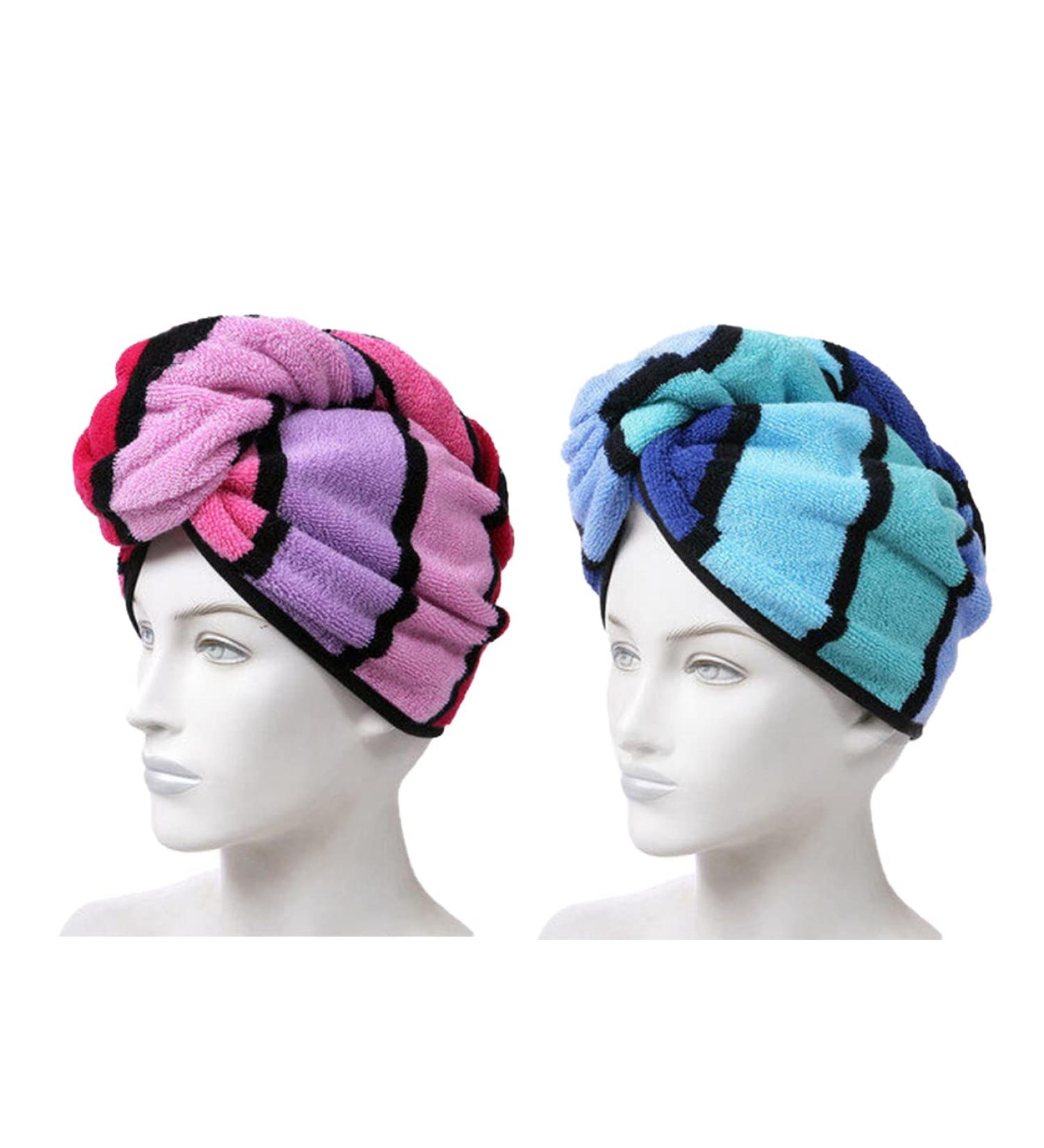 Anller 2 Pack 100% Cotton Hair Towel Wrap for Women - Red & Blue | Hair Drying Towel with Button | Dry Hair Hat Shower Head Towel - Buy Online on SooperMarket.com