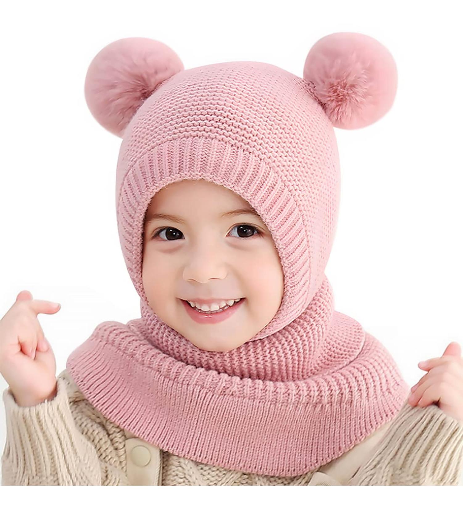 Mamunu Girls Winter Hat - Cute Pink Knit Beanie with Pompom & Fleece Lining for Ages 2-5 - Warm Shawl Cap for Children - Buy Online on SooperMarket.com