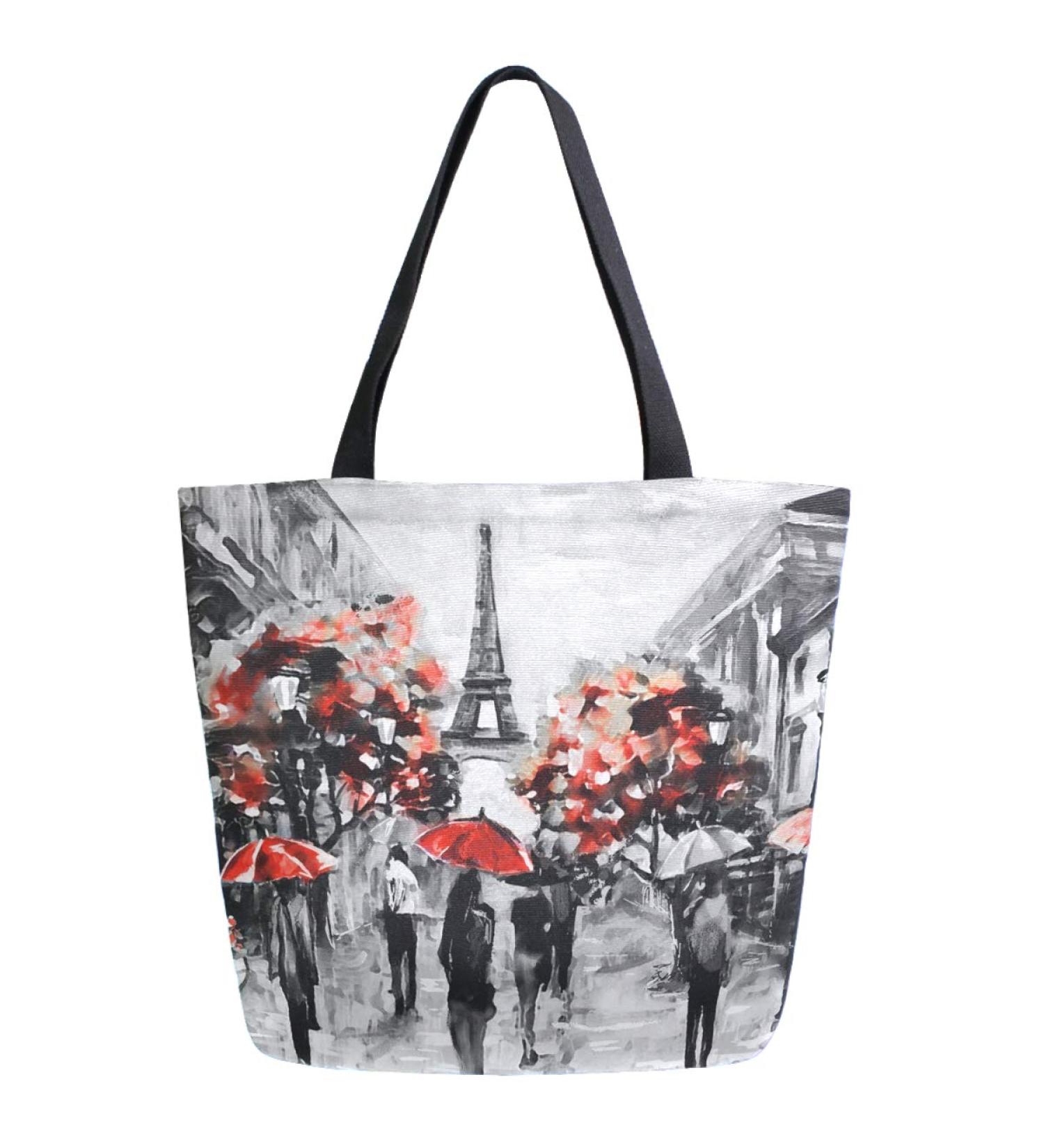 ZzWwR Trendy Paris Street Eiffel Tower Large Canvas Shoulder Tote Bag - Ideal for Gym, Beach, Travel & Shopping - Buy Online on SooperMarket.com