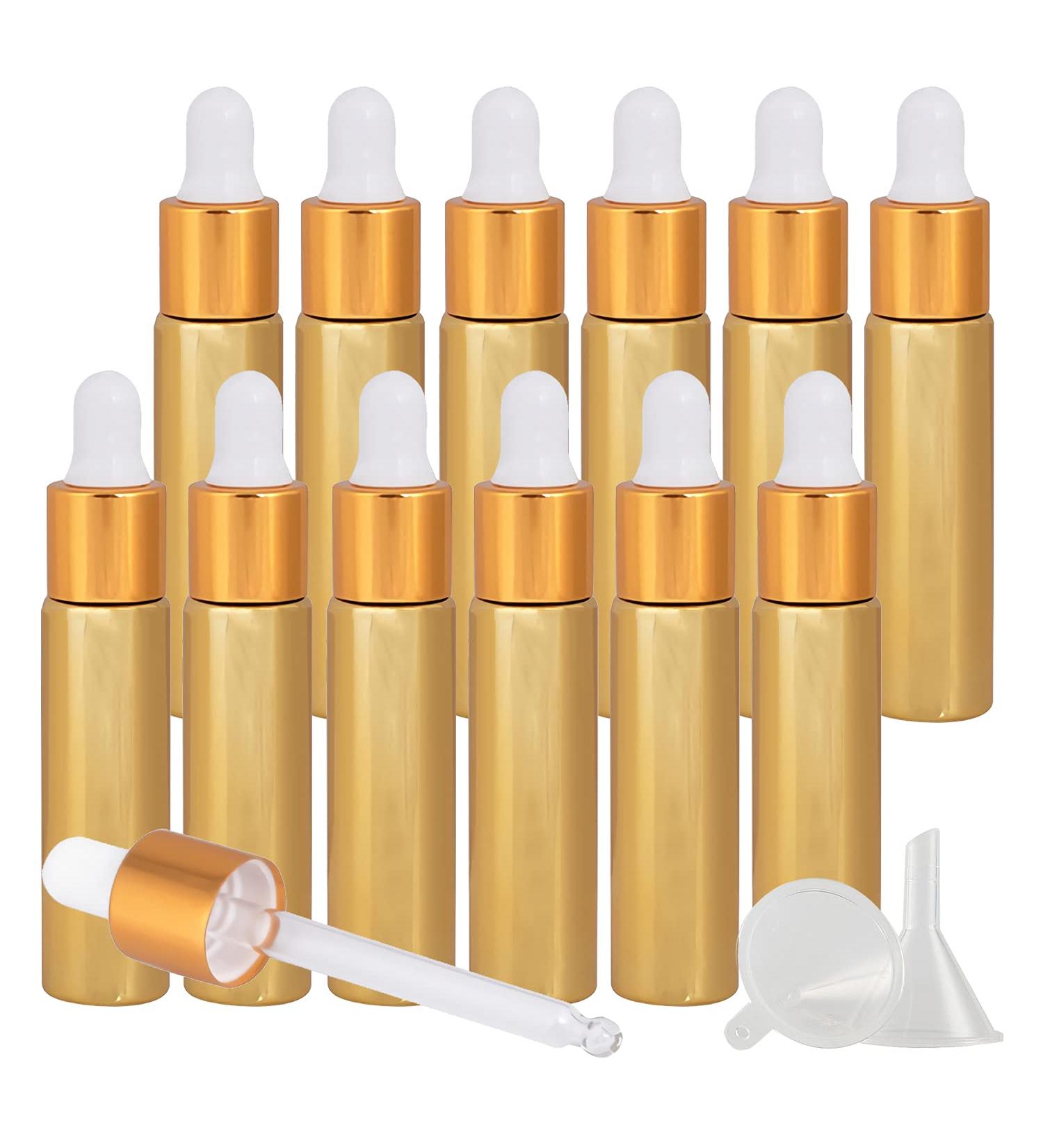 Tianzd 12 Pack 10 ml Empty Chrome Yellow Drip Bottles with Glass Pipette - Perfect for Essential Oils & Perfume - Gold Screw Cap - Buy Online on SooperMarket.com