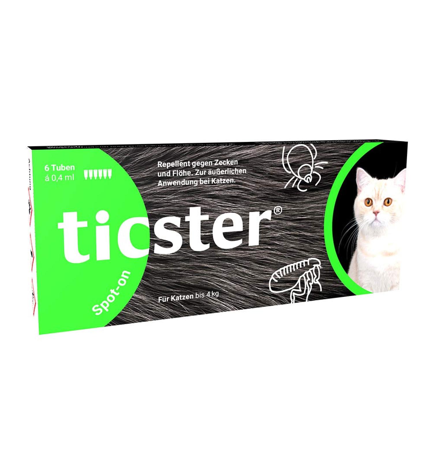 Ticster Spot-on for cats up to 4 kg flea and tick content: 6x 0.4 ml protection duration: up to 24 weeks (solution for rushing effective flea natural active ingredient) cats up to 4 kg 6x 0.4 ml