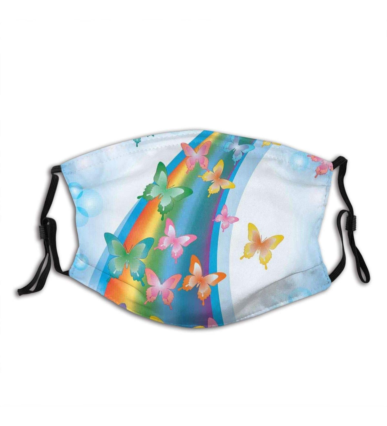 Colorful Background with Rainbow Butterflies Bubbles Fairy Cheerful Graphic Cotton Washable Nose Wired Face Cover Filter Pocket Wide Cover with Filter - Buy Online on SooperMarket.com