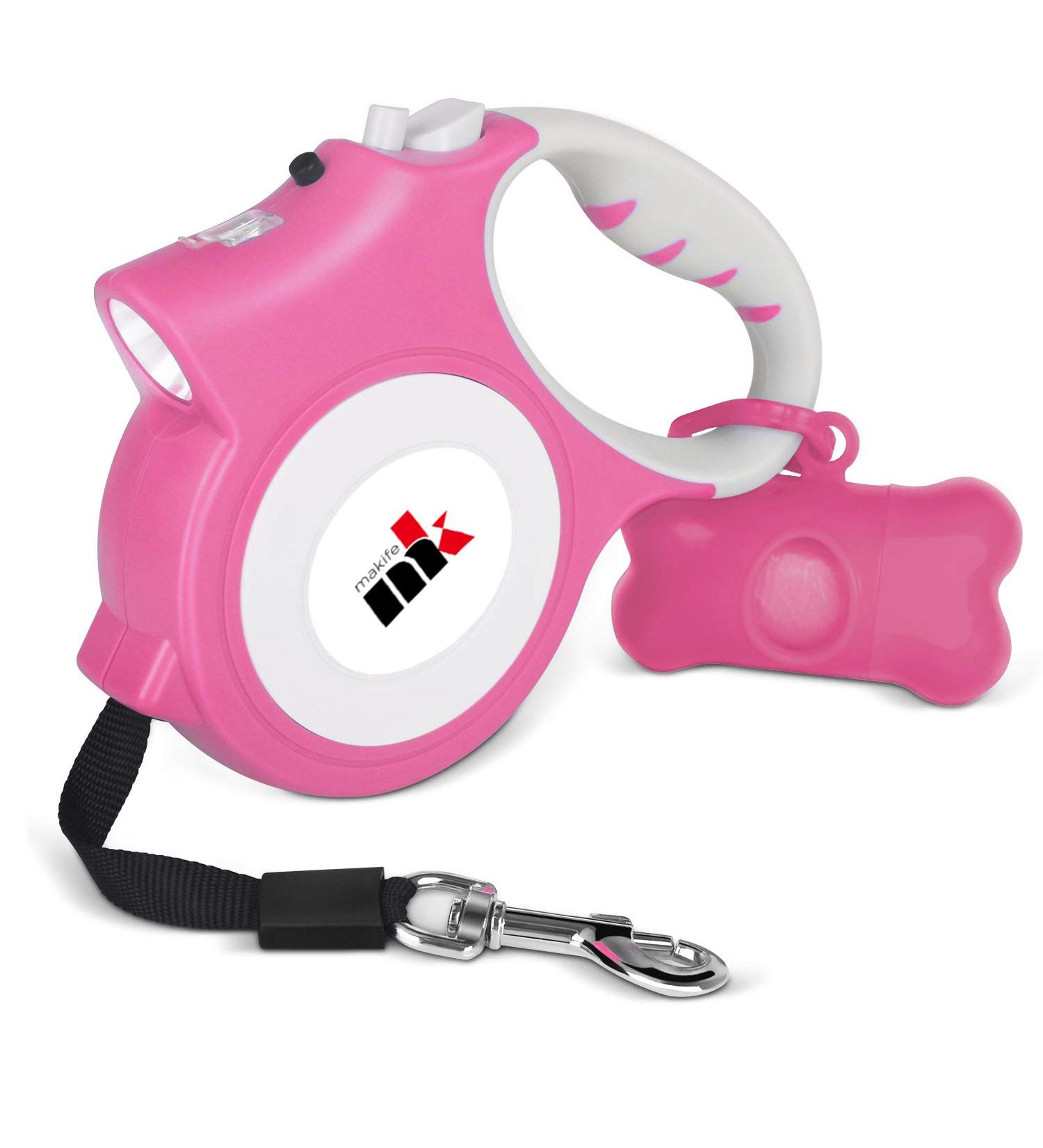 Makife Retractable Dog Leash 5m for Large & Medium Dogs | Flashlight & Decorative Bags Included | Ideal for Under 25kg - Pink - Buy Online on SooperMarket.com