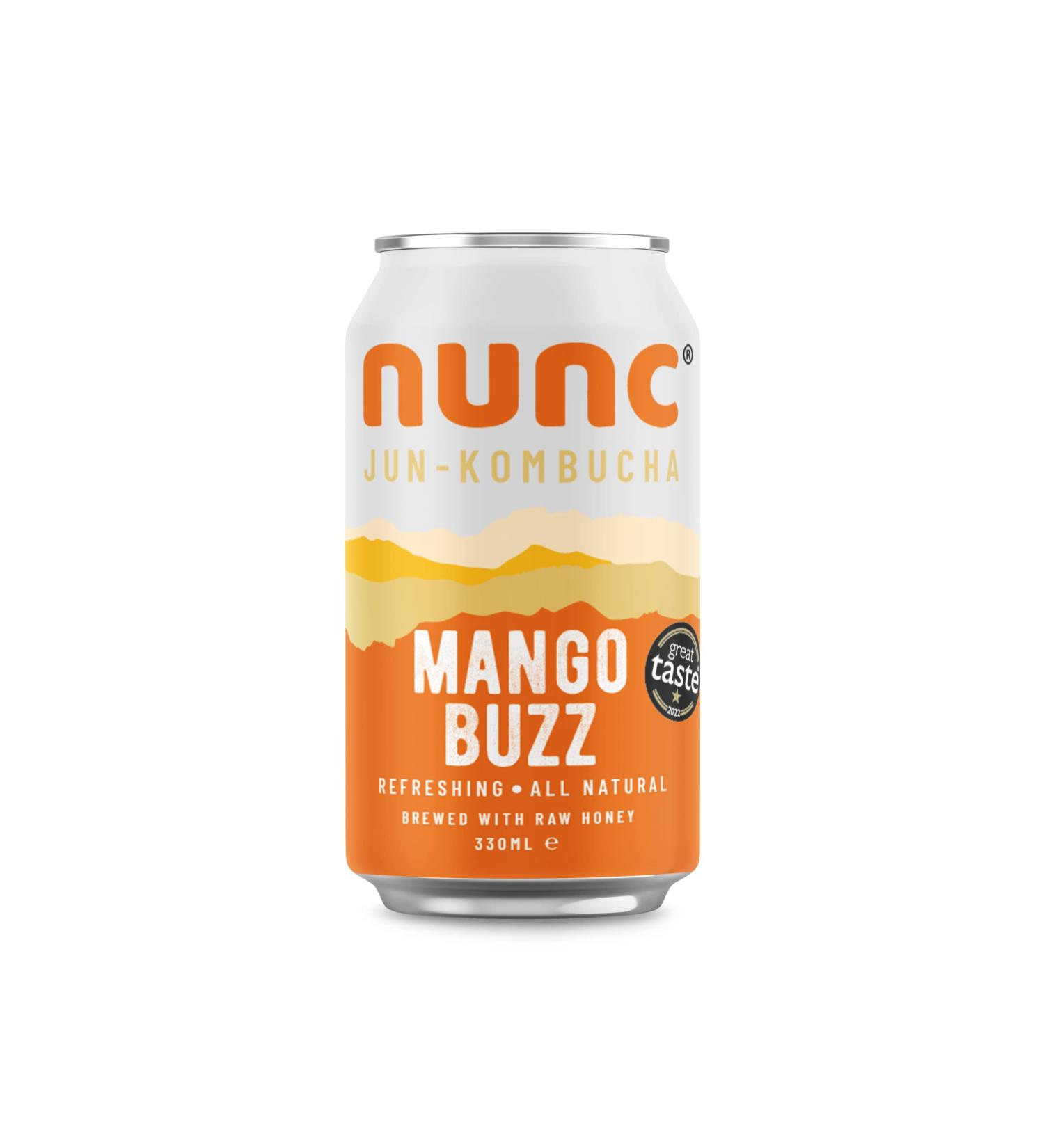 Nunc Jun-Kombucha Mango Buzz (12 x 330ml) - Premium Green Tea & Raw Honey - Refreshing Sparkling Tea for Gut Health & Natural Energy - Gluten Free & GMO Free - 30 Cal - Buy Online on SooperMarket.com