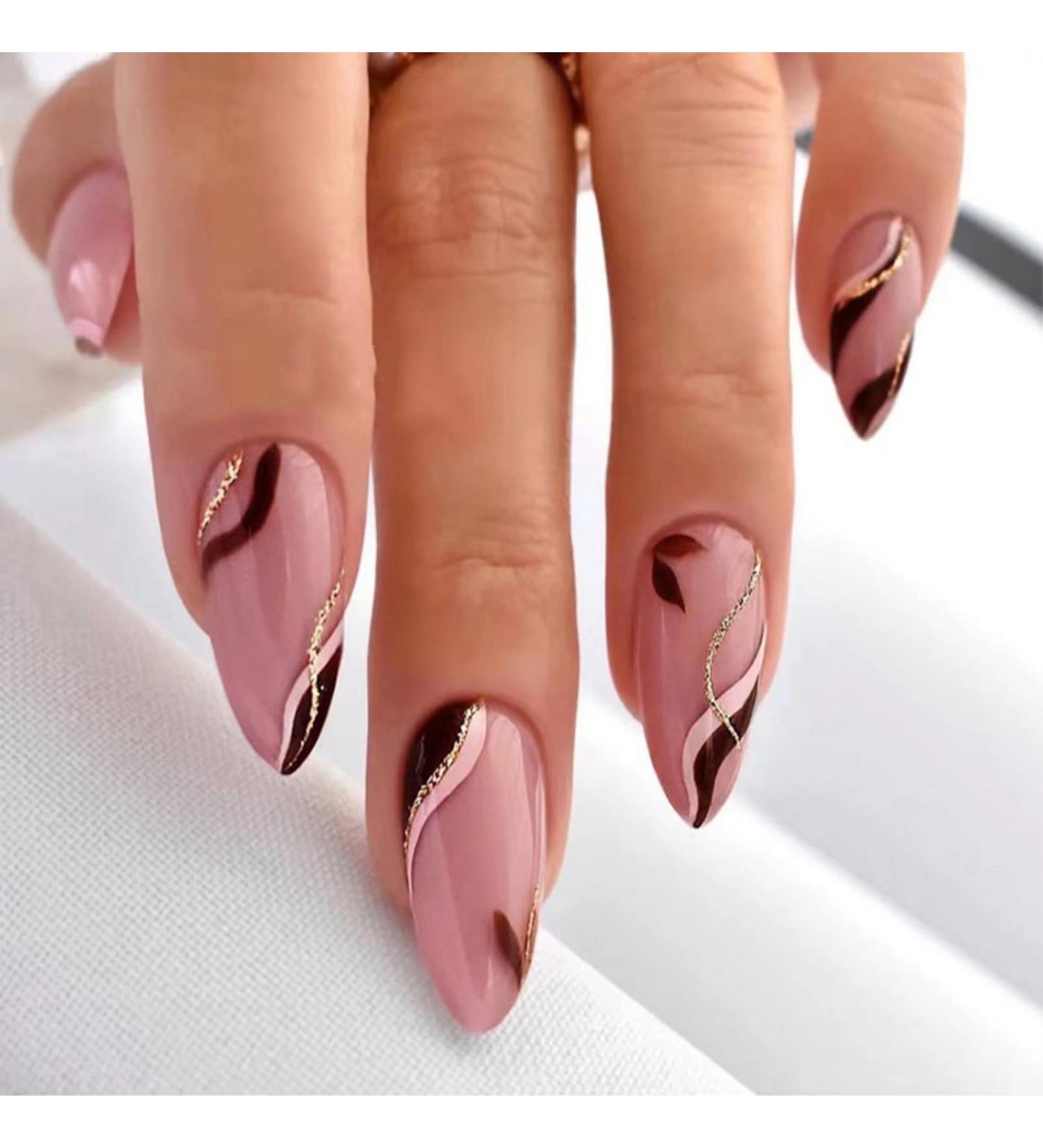 24 Pcs Glitter Wavy Stiletto False Nails Short Maroon French Press on Nails - With Nail Glue & Almond Stick on Nails - Women's Fake Nails for Nail Art - Buy Online on SooperMarket.com