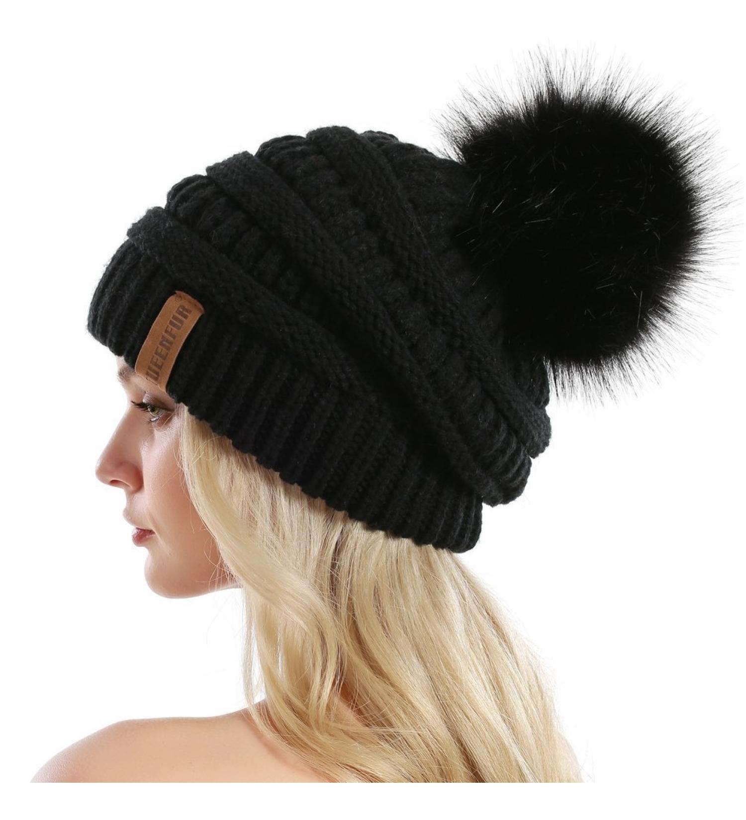 QUEENFUR Women's Slouchy Beanie with Faux Fur Pompom - Black | Winter Ski Cap - Buy Online on SooperMarket.com