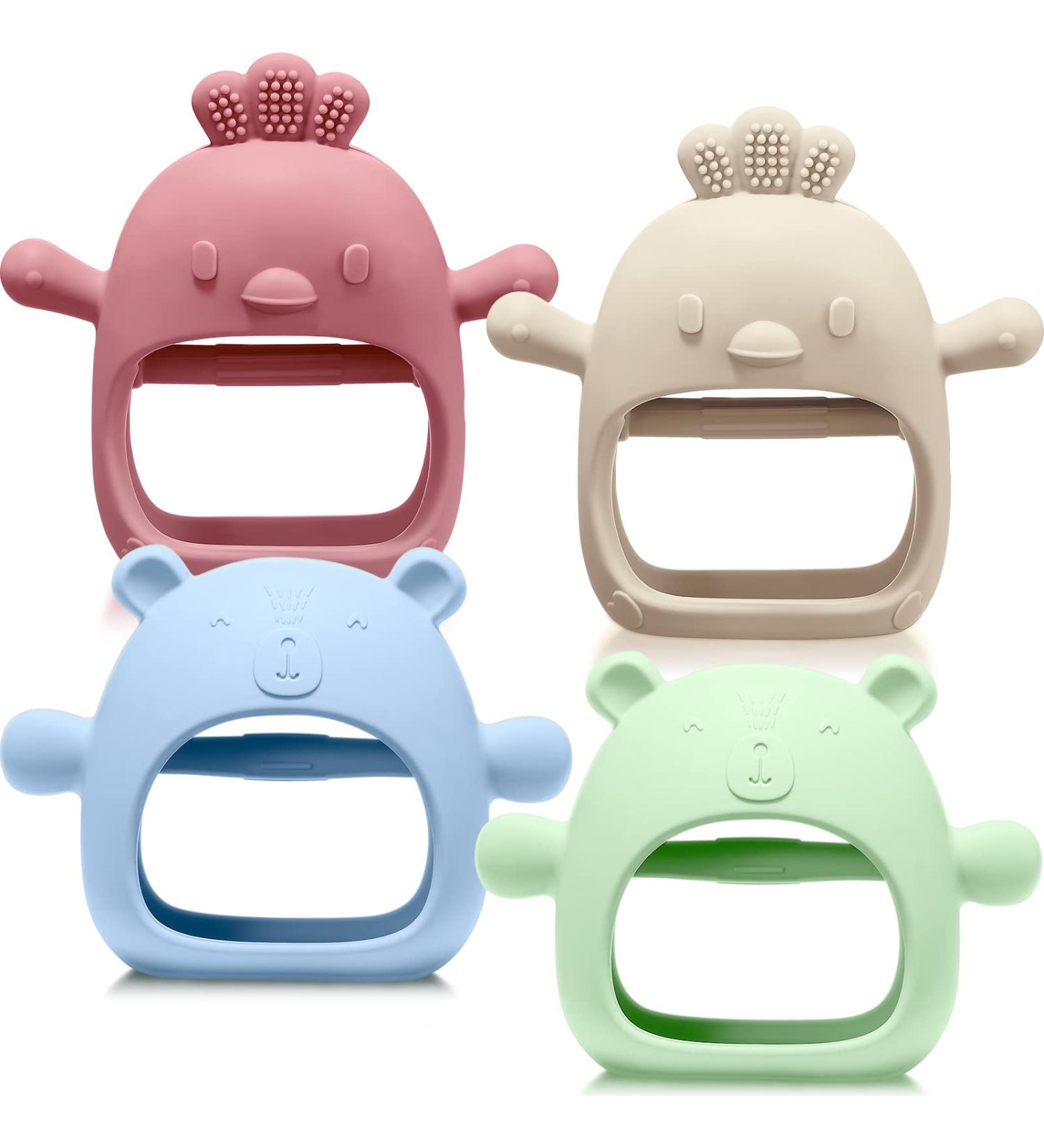 Set of 4 Woanger Baby Teething Toys in Blue, Dark Green, Yellow, and Maroon | Silicone Bear Hand Teethers for Babies over 3 Months | Anti-Dropping Wrist Mitten for Sucking Needs - Buy Online on SooperMarket.com