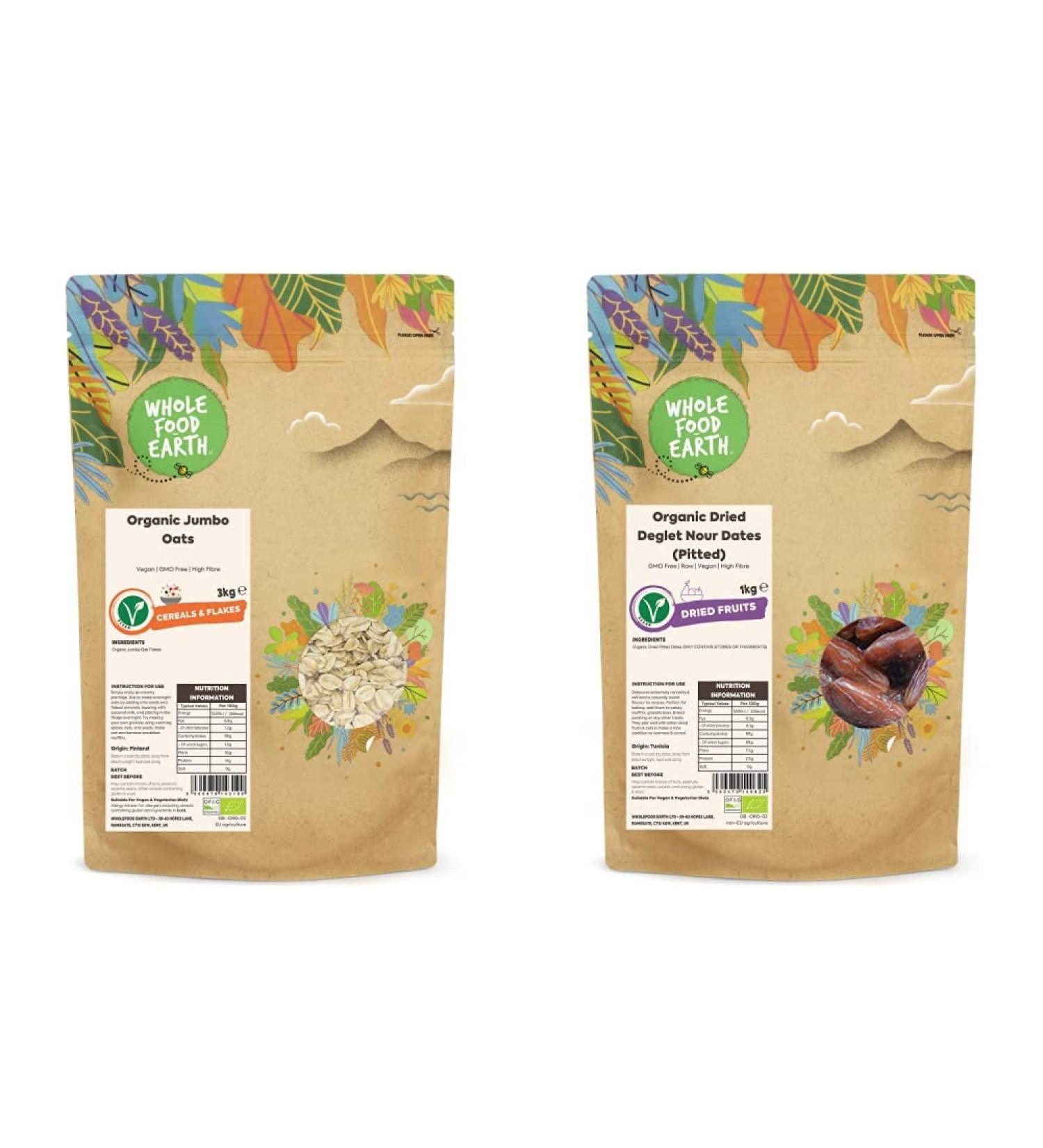 Wholefood Earth Organic Jumbo Oats 3 kg | Vegan | High Fibre | Certified Organic & Organic Dried Deglet Nour Dates (Pitted) 1 kg | GMO Free | Raw | Vegan | High Fibre | Certified Organic + Deglet Nour Dates - Buy Online on SooperMarket.com
