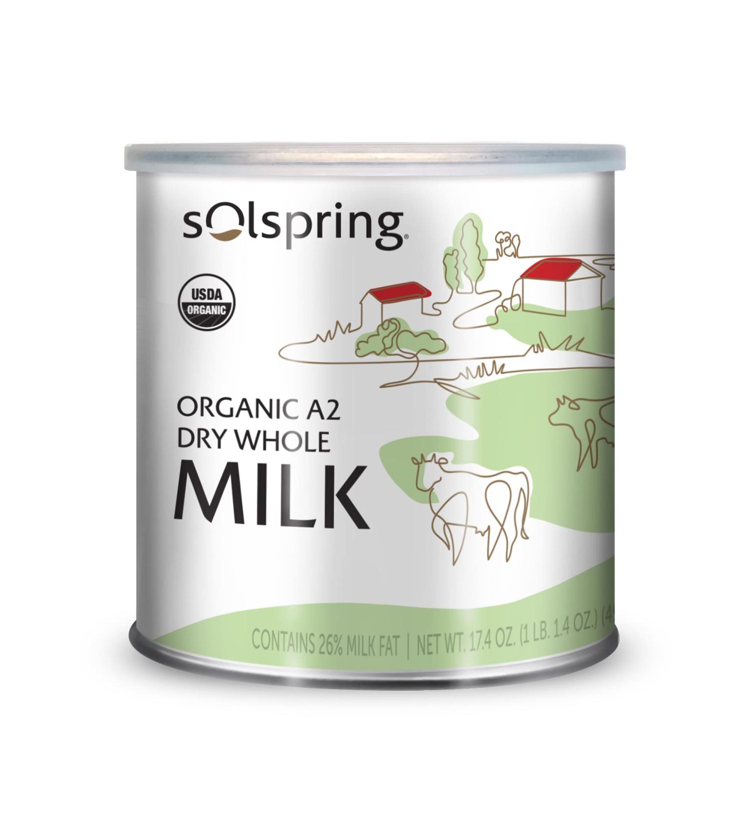 Dr. Mercola Solspring Organic A2 Dry Whole Milk, 15 Servings, 17.4 oz (1 lb. 1.4 oz.), Contains 26% Milk Fat, Gluten Free, Soy Free, USDA Organic White Whole Milk