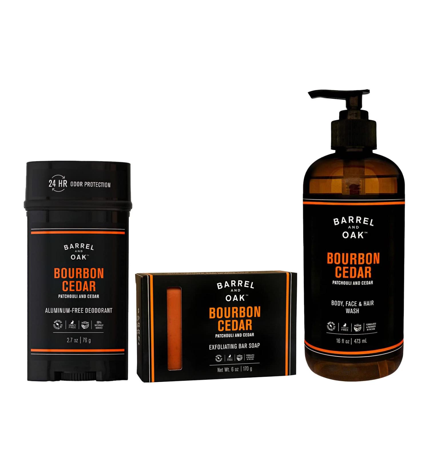 Barrel and Oak Men's Body Care Set - Bourbon Cedar Scented Variety Pack with Essential Oils | Includes Bar Soap, Body Wash, and Deodorant | 3-Pack - Buy Online on SooperMarket.com