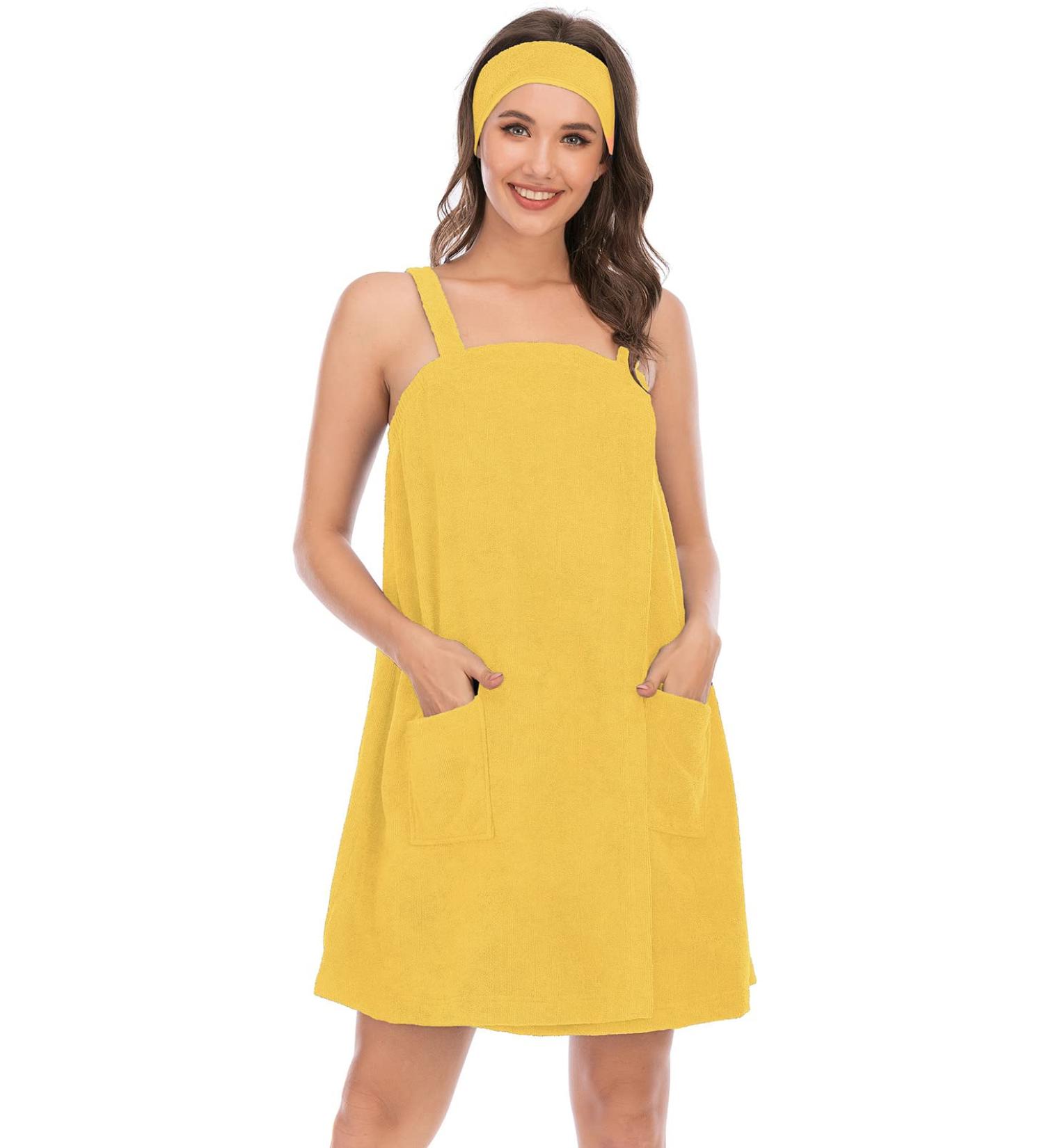 Veseacky Women's Bath Towel with Pocket | Adjustable Bathrobe & Face Band S-3XL | Yellow Medium - Shop Now! - Buy Online on SooperMarket.com