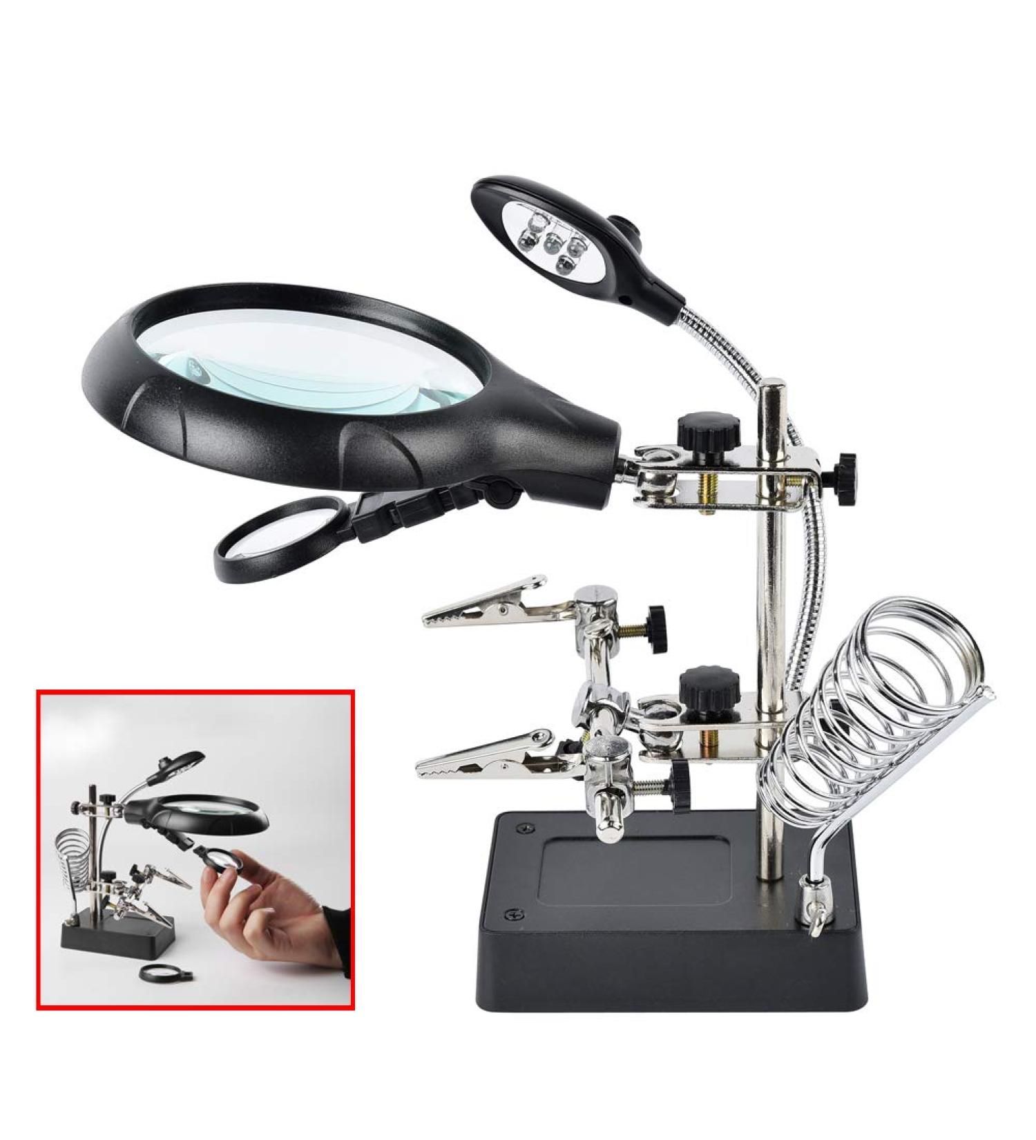Beileshi 2.5X 7.5X 10X LED Light Helping Hands Magnifier Soldering Station Magnifying Glass Stand with Auxiliary Clamp and Alligator Clips 2.5x+7.5x+10x - Buy Online on SooperMarket.com