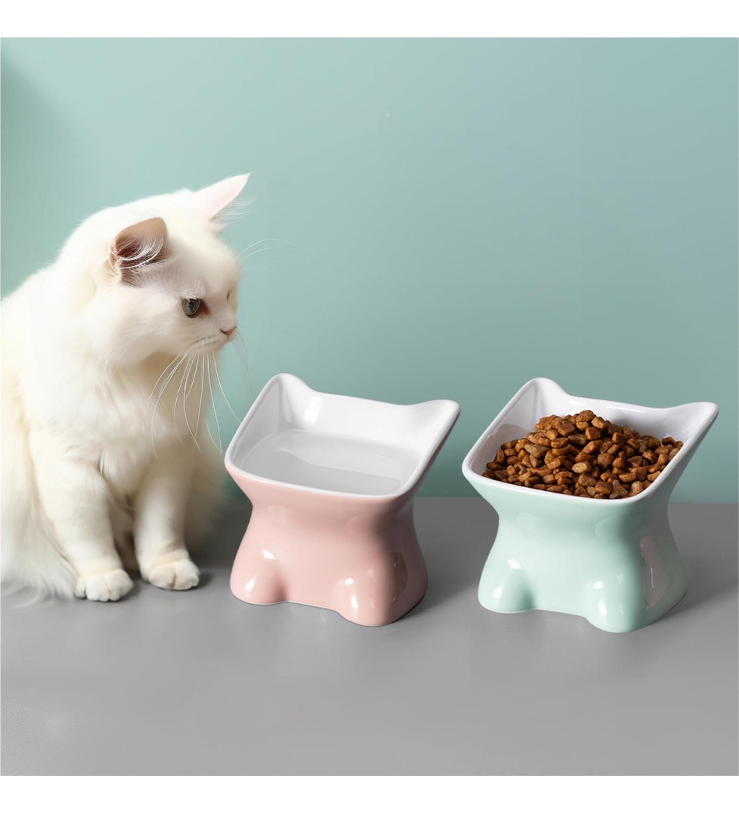 Navaris Raised Ceramic Cat Bowls (Set of 2) - Elevated Food and Water Bowl Pack for Cats - Cute Kitty Shaped Dishes with Ears - Dishwasher Safe - Green/Peach - Buy Online on SooperMarket.com