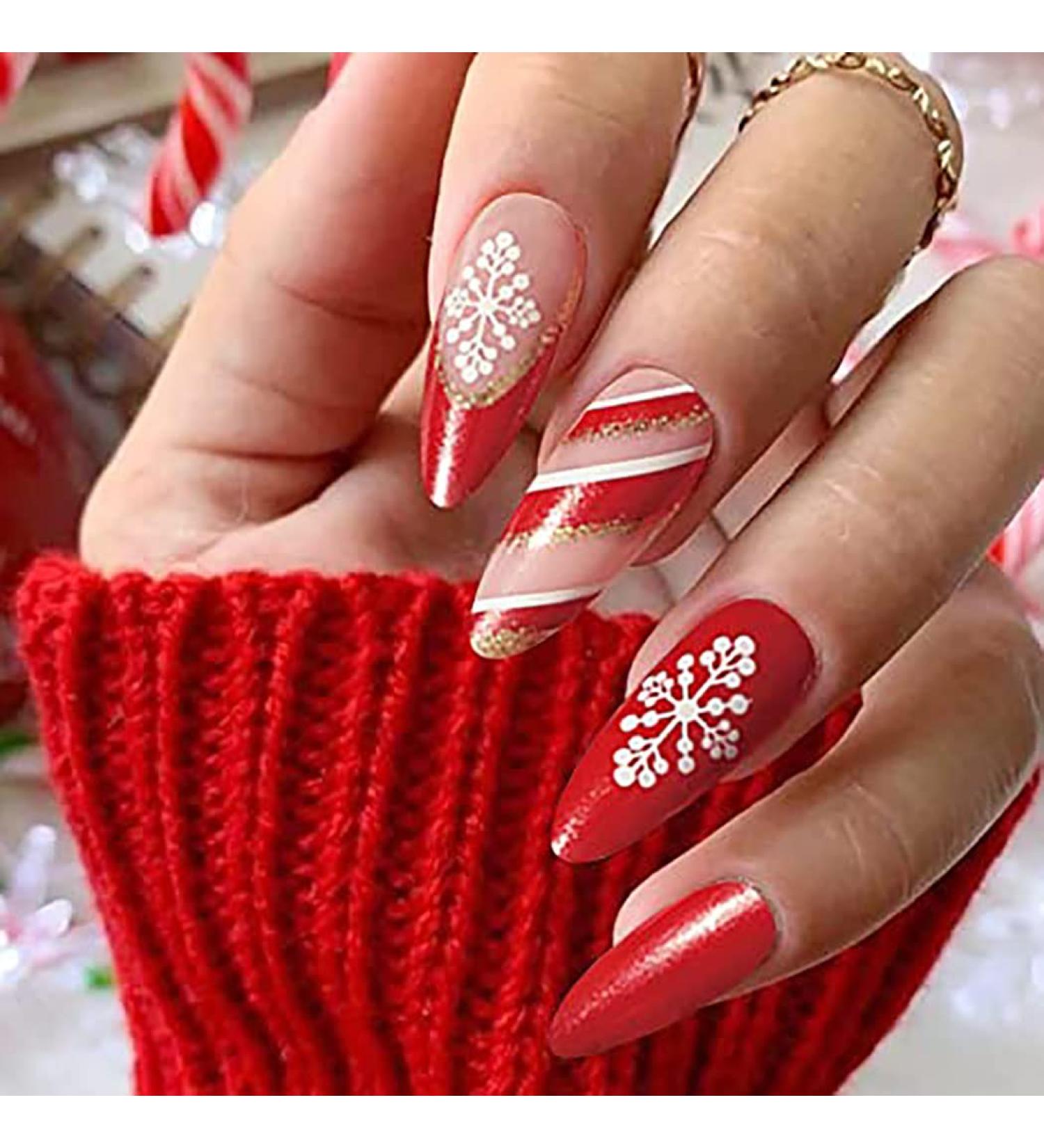 Vatocu Christmas False Nails - Short Red Press on Nails with Snowflakes, Elk, and Snowman Design - 24pcs Set for Women and Girls - Buy Online on SooperMarket.com