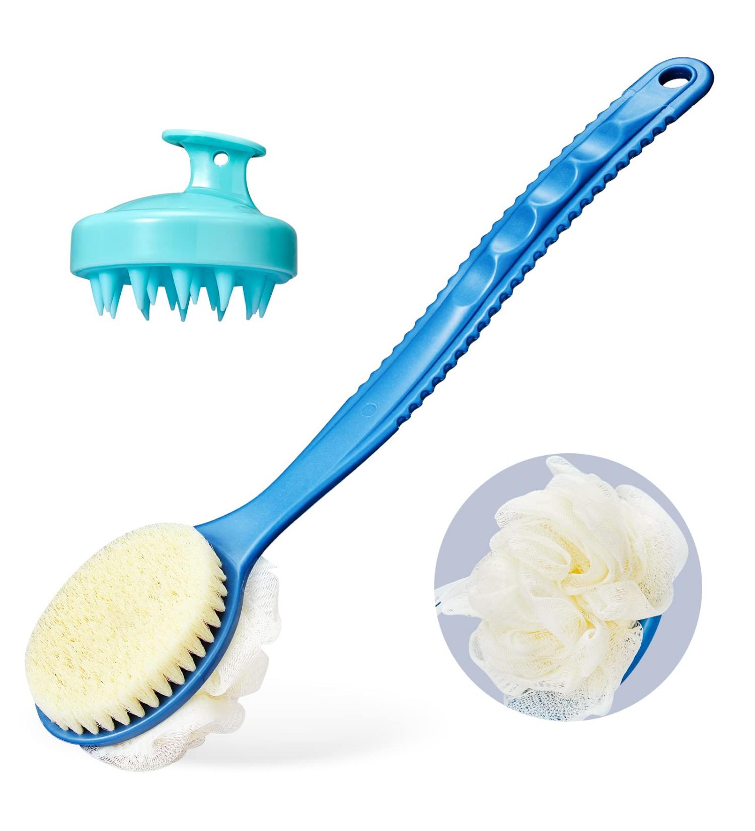 Shower Body Brush with Bristles, Loofah Back Scrubber, Long Handle, Cellulite Massager - Blue - Buy Online on SooperMarket.com
