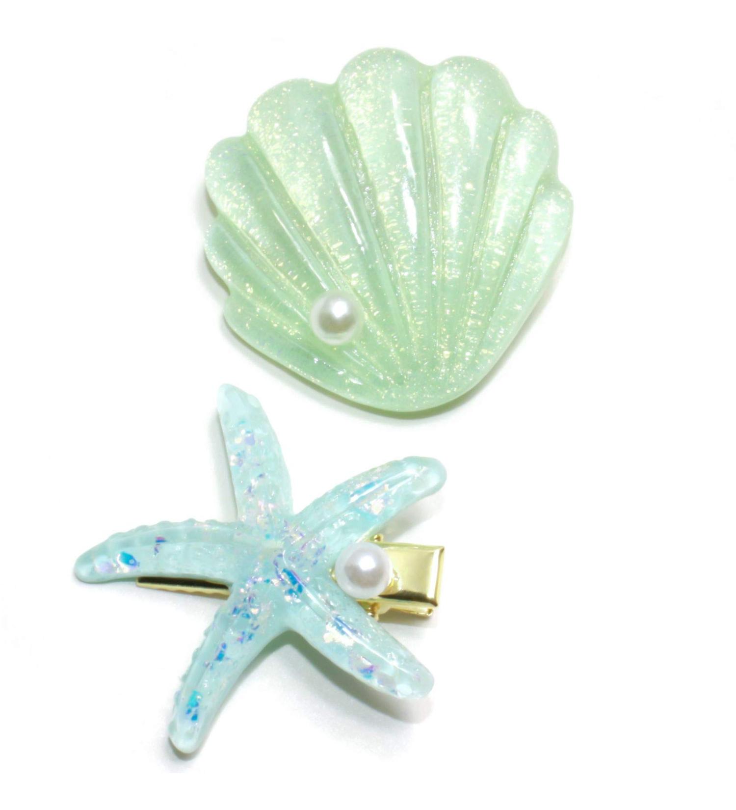 Green Shell Pearl Starfish Hair Clip Set - Acrylic Resin Alligator Clips for Women and Girls | Stylish Hair Accessories - Buy Online on SooperMarket.com