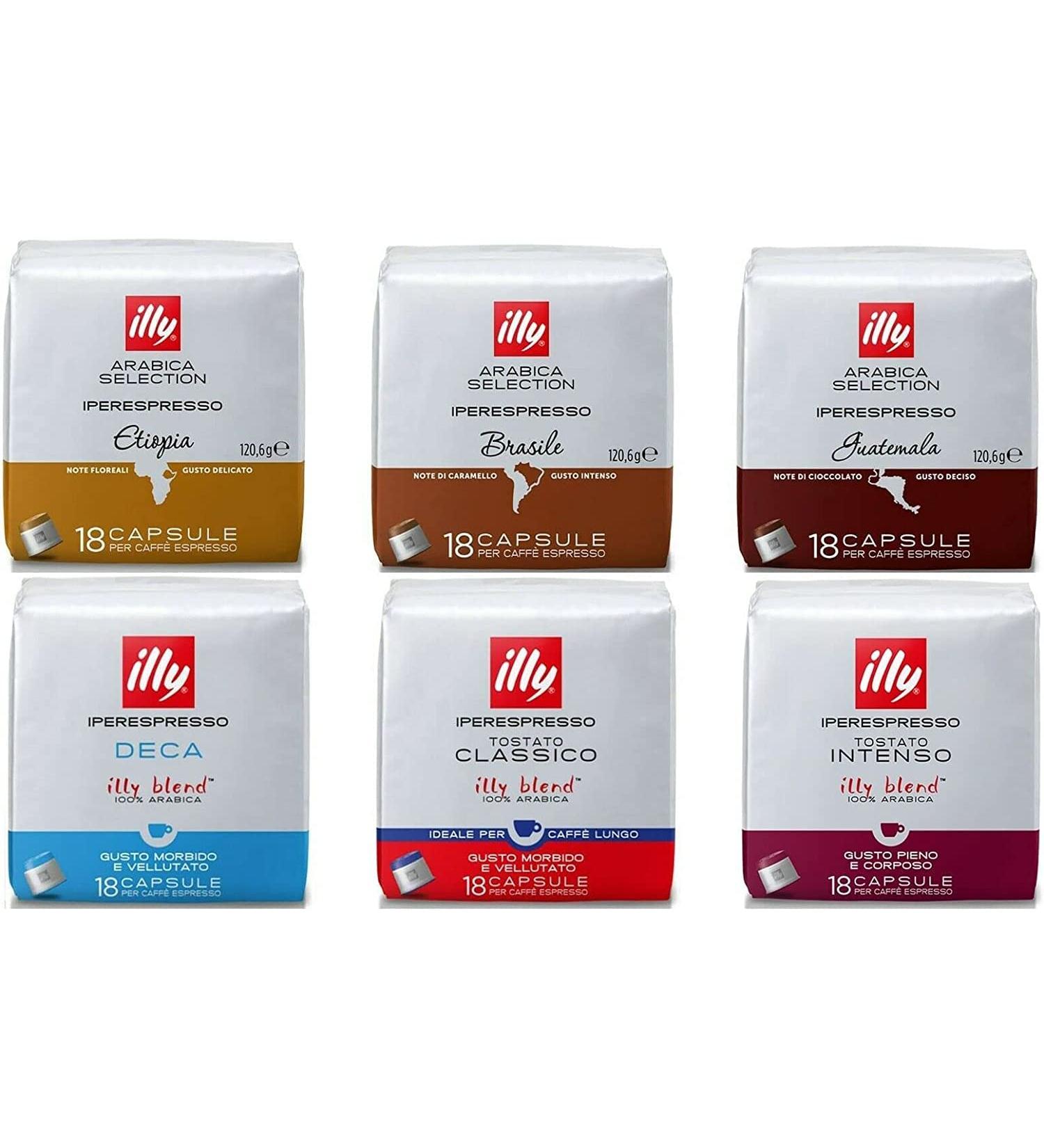 illy Coffee Pods 6 x 18 Capsules (Total 108 Capsules) 7 Flavours To Pick From Customize From Lungo Classico Decaf Intenso Guatemala Ethiopia & Brasile - Buy Online on SooperMarket.com
