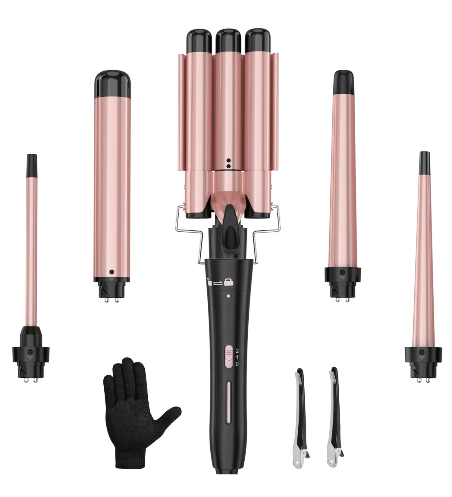 Buy Professional 5 in 1 Curling Wand Set - Interchangeable 3 Barrel Curling Iron with Ceramic Tourmaline - Perfect for Beach Waves & Curls - Worldwide Shipping - Buy Online on SooperMarket.com