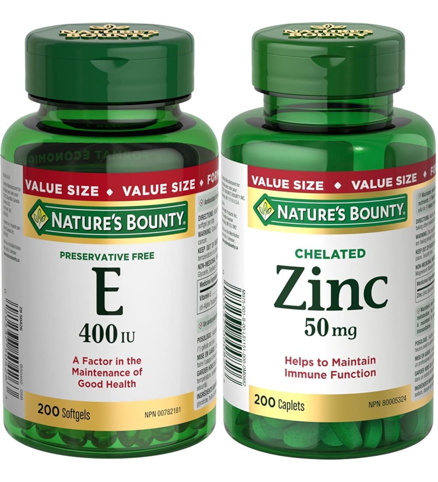 Nature's Bounty Vitamin E Pills And Supplement Helps Maintain Health 400Iu 200 Softgels & Chelated Zinc 50mg Supports Immune Function and Maintain Body's Ability Vitamin+ Value-Size - Buy Online on SooperMarket.com