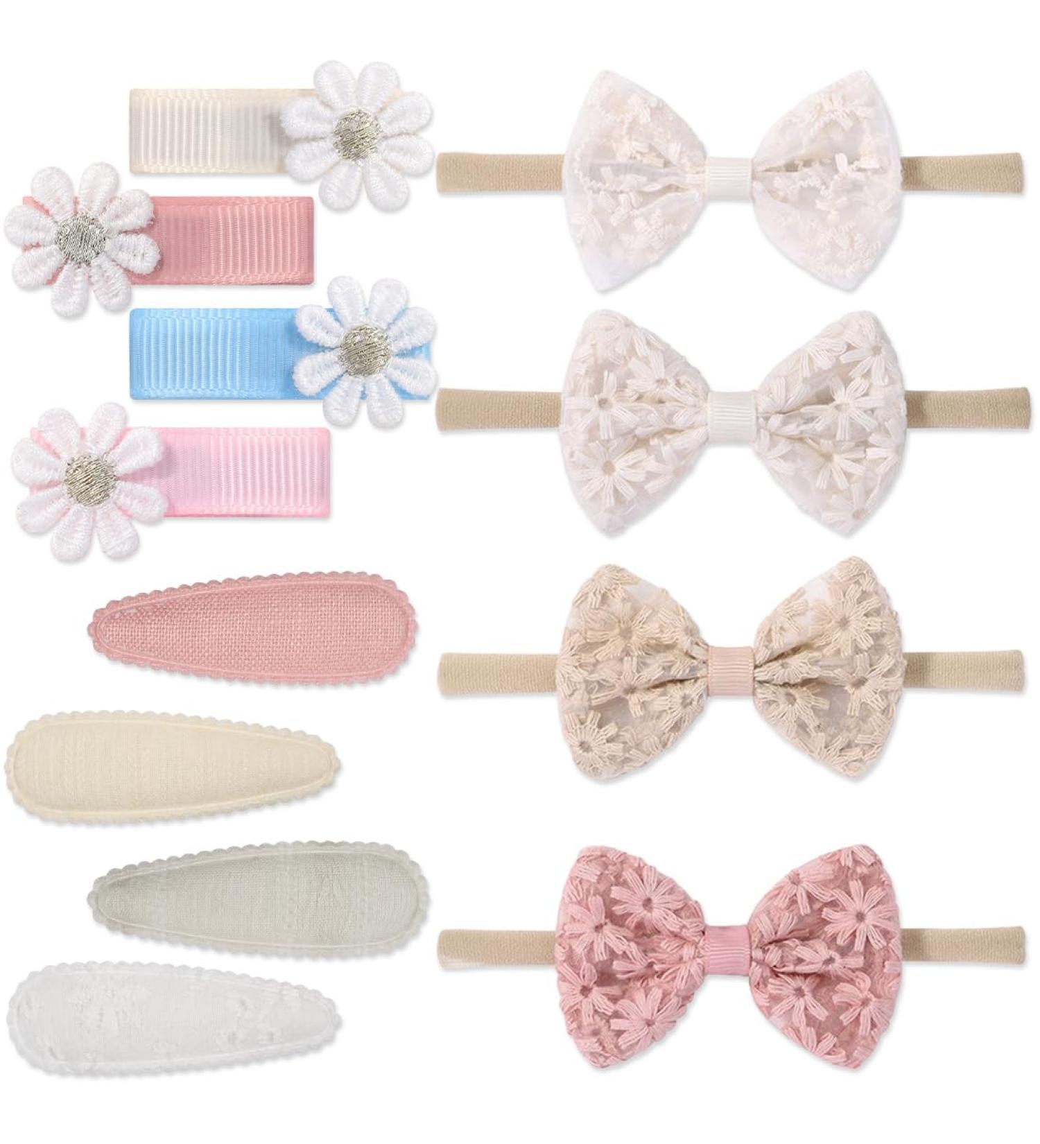 Beautiful 12-Part Baby Girl Headband Set - Cute Hair Accessories for Newborns & Toddlers | Embroidered Clips & Elastic Bands - Buy Online on SooperMarket.com