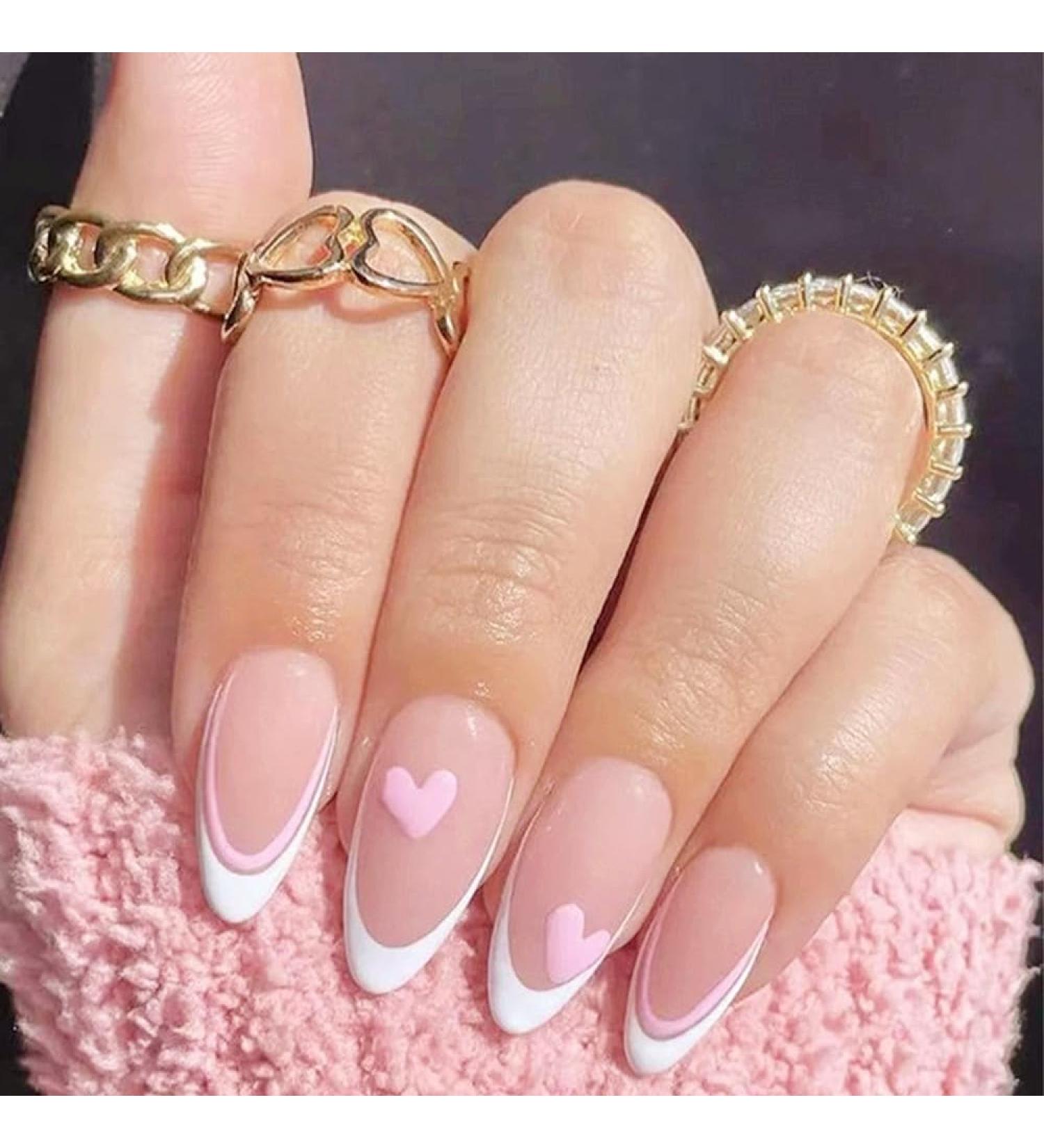 24Pcs French False Nails White Tip - Medium Length Almond Pink Press on Nails with Ballet Heart Design - Buy Online on SooperMarket.com