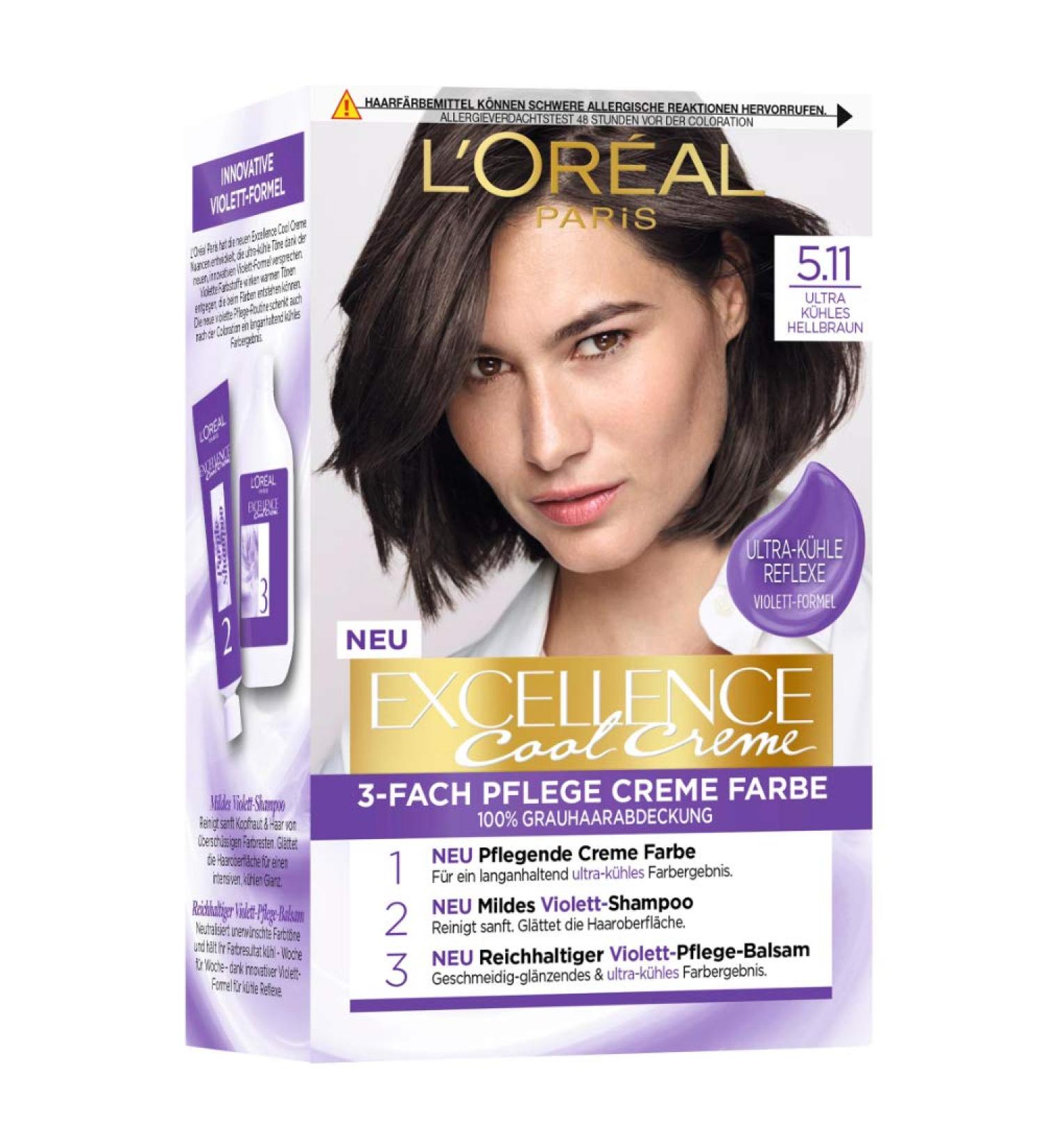 L'Or al Paris Excellence Cool 5.11 Light Brown Permanent Hair Color - 100% Gray Coverage Shampoo & Care Cream Included - Buy Online on SooperMarket.com