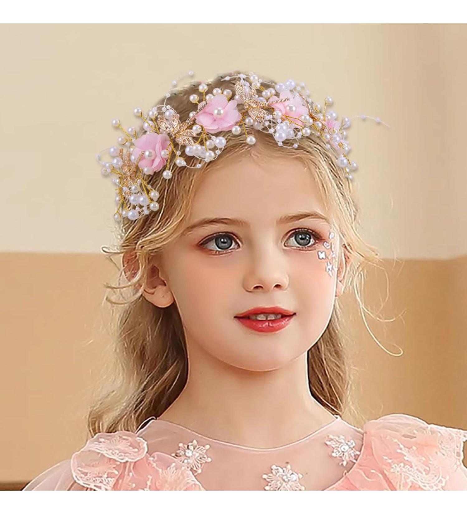 IYOU Flower Communion Headpiece Pink Floral Princess Headbands Pearl Butterfly Birthday Wedding Hair Accessories for Girls - Buy Online on SooperMarket.com
