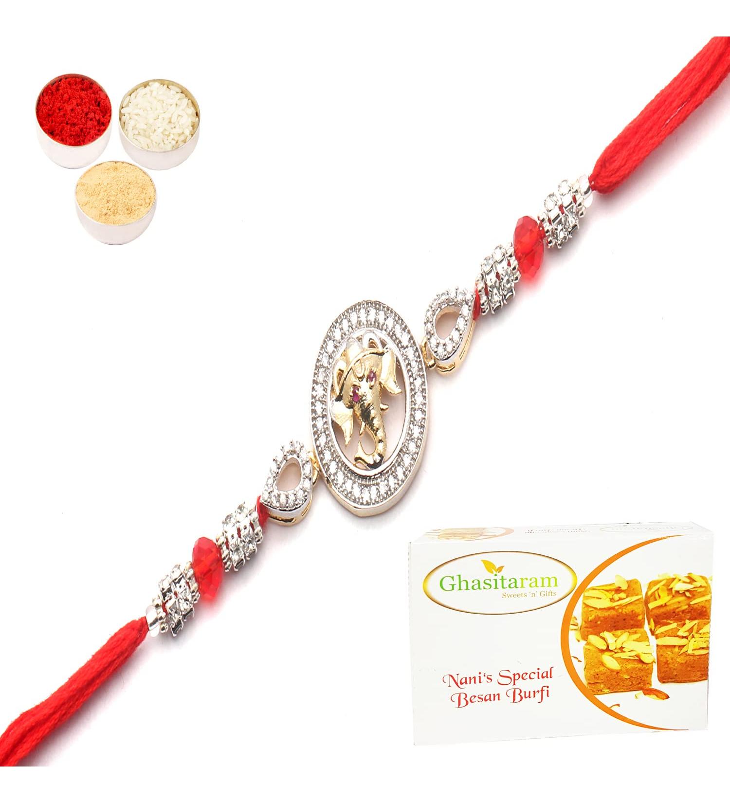 Ghasitaram Gifts Rakhi for Brother Rakhis Online - The Diamond Enchantess of Ganesha Blessings Rakhi with 200 GMS of Besan Barfi - Buy Online on SooperMarket.com