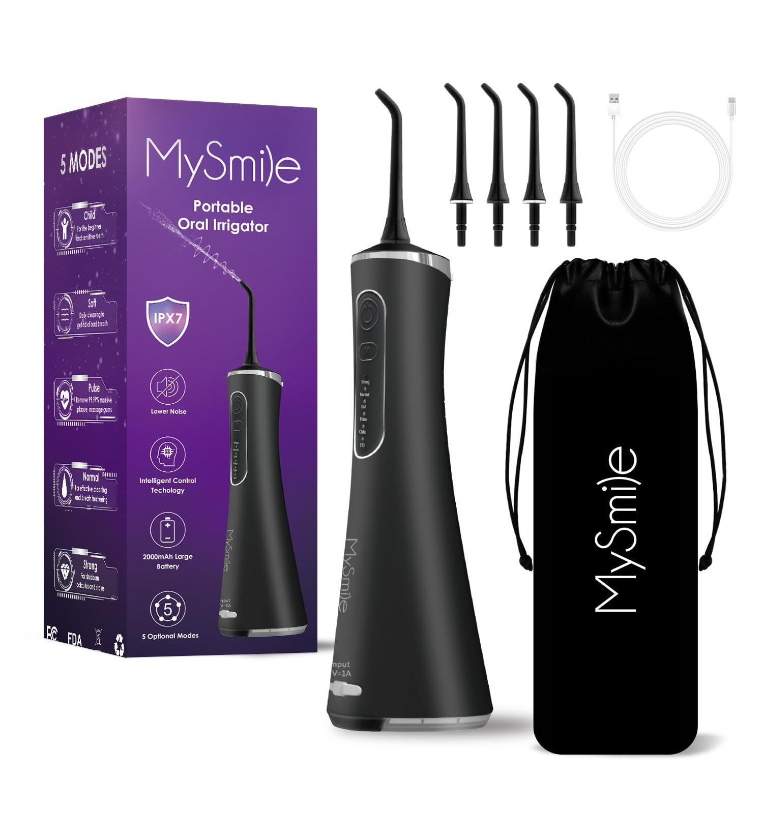 MySmile Water Dental Flosser - Cordless Oral Irrigator with 5 Cleaning Modes | 4 Replaceable Jet Tips | USB Rechargeable | IPX7 Waterproof - Teeth Cleaning Tool with PU Bag - Buy Online on SooperMarket.com