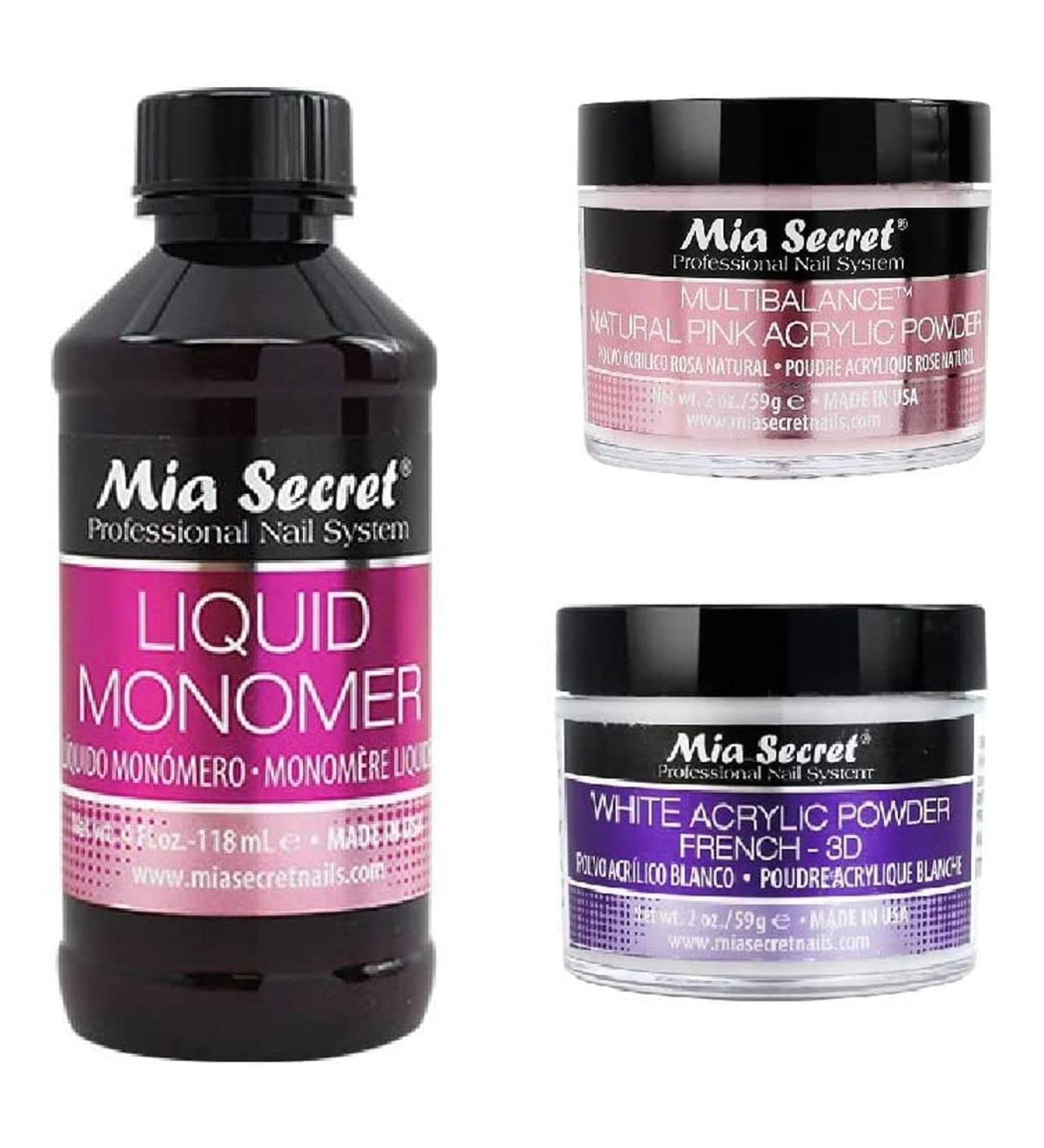 MIA SECRET 4 oz LIQUID MONOMER + Acrylic Powder 2 oz White & Multibalance (Natural Pink) -Made in USA