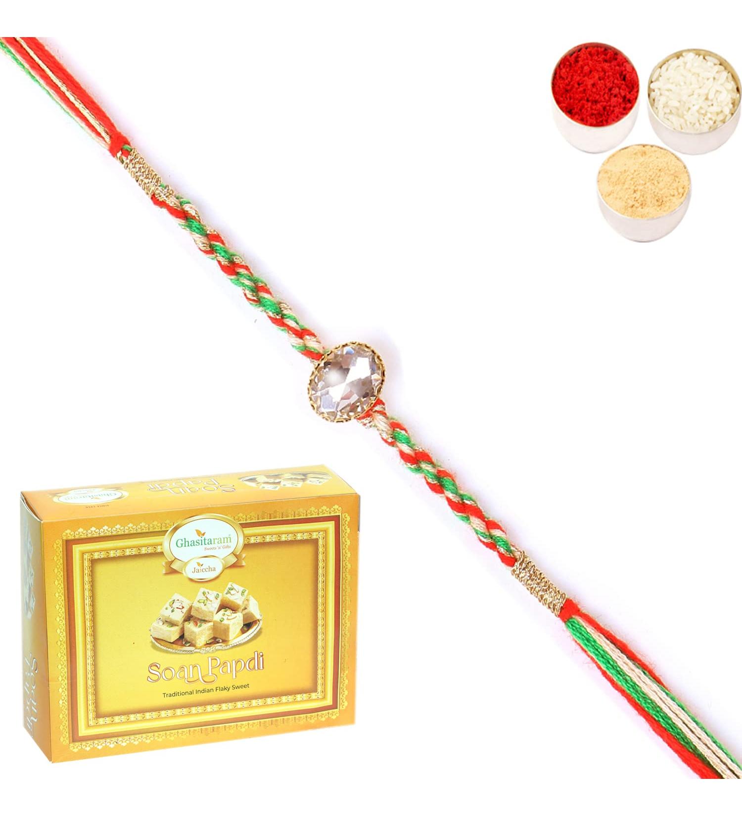 Ghasitaram Gifts Rakhi for Brother Rakhis Online - 6377 Fancy Thread Rakhi with 400 GMS of Soan Papdi - Buy Online on SooperMarket.com