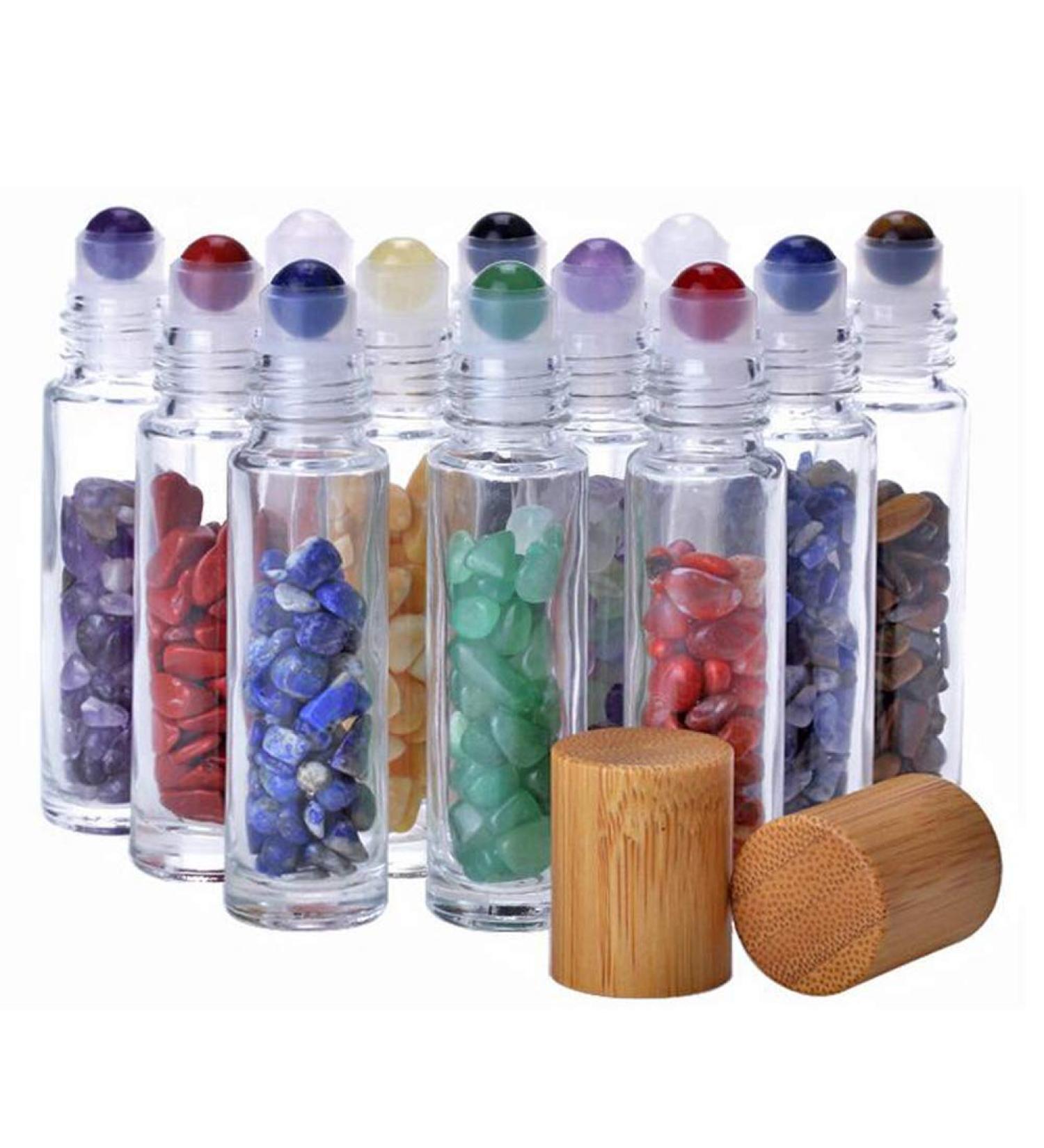 10ml Clear Glass Roll-on Bottles with Gemstone Roller Balls & Healing Crystals - Essential Oil Bottles with Bamboo Lids - 10 Pieces Set - Buy Online on SooperMarket.com