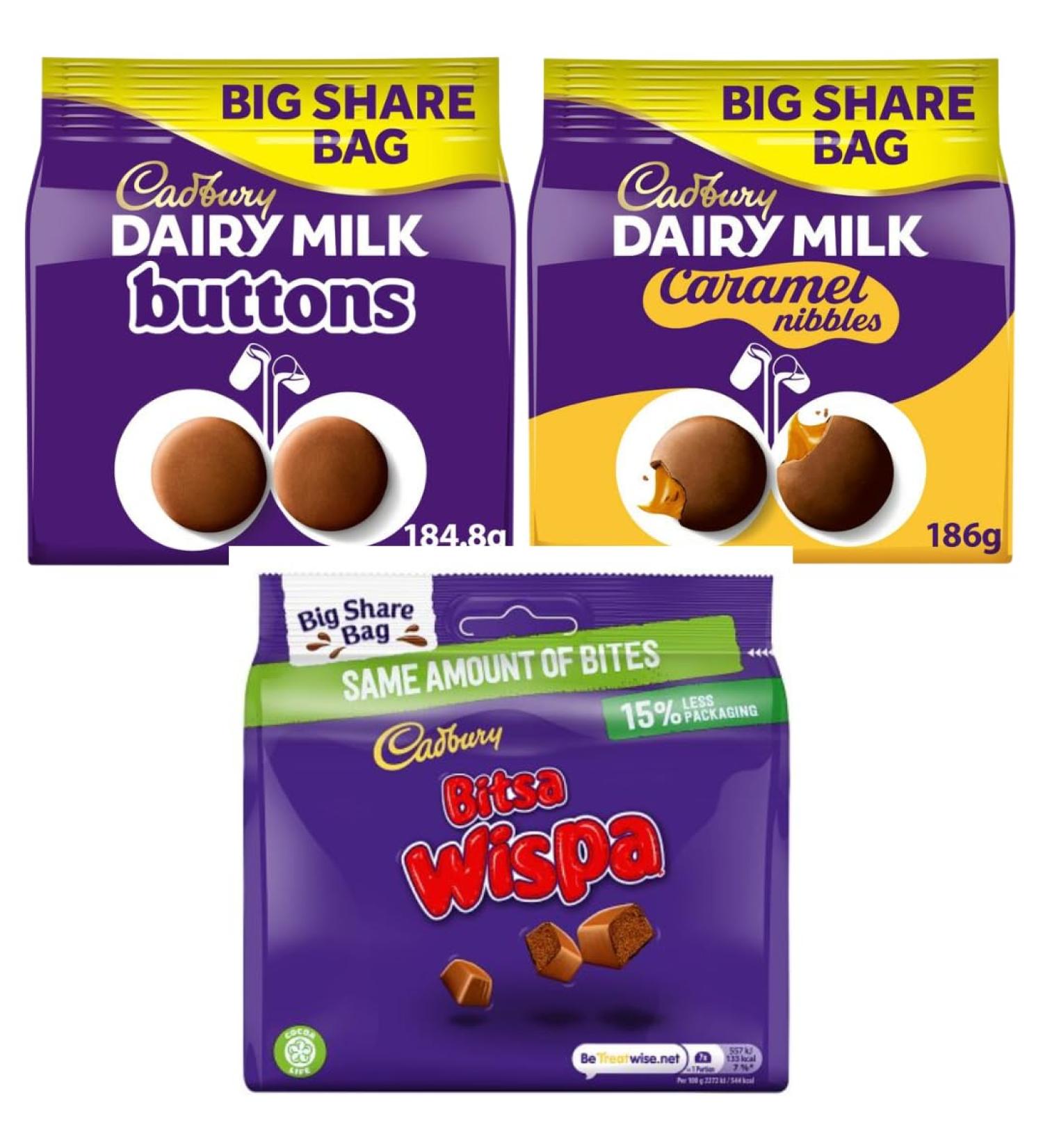 Dairy Milk Bundle with Giant Buttons Sharing Chocolate Bag 185g with Caramel Nibbles 186g & Bitsa Wispa 186g (3 Pack) - Buy Online on SooperMarket.com