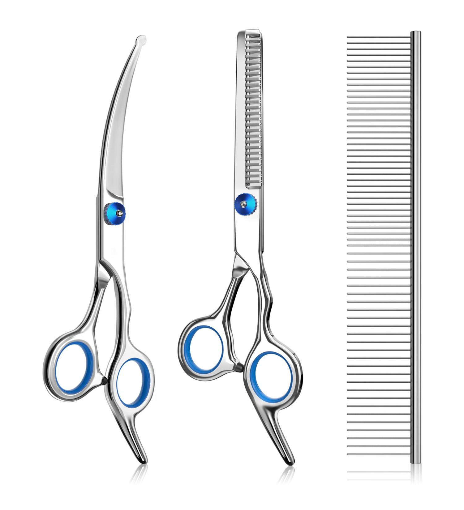 3 Pack Dog Grooming Scissors Set with Safety Round Tip - Stainless Steel Up-Curved Shears for Dogs and Cats with Grooming Comb - Blue - Buy Online on SooperMarket.com
