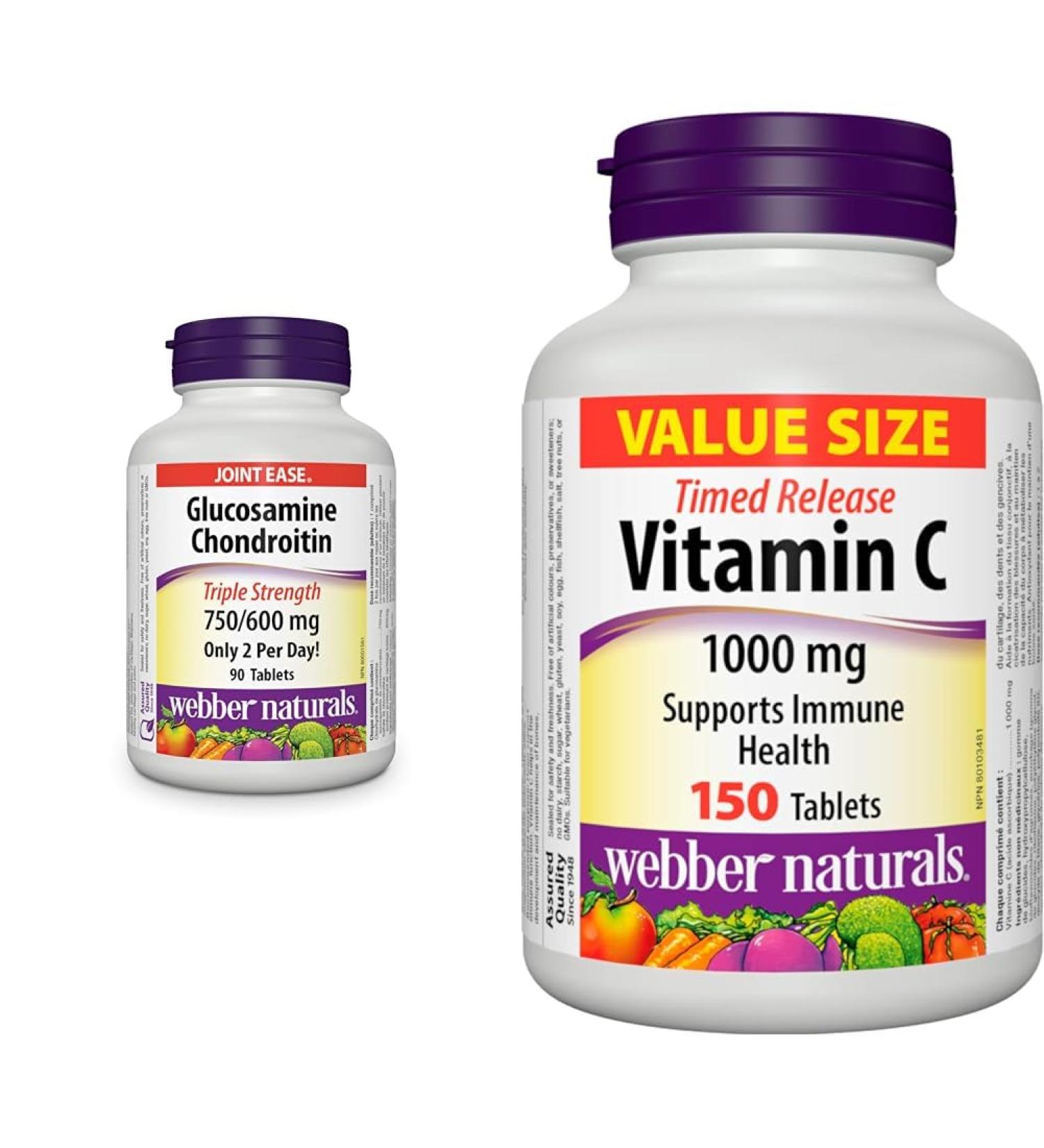 Webber Naturals Glucosamine Chondroitin Triple Strength 90 Tablets & Vitamin C Timed Release 1000 mg 150 Tablets For Bones Teeth Immune and Antioxidant Health - Buy Online on SooperMarket.com