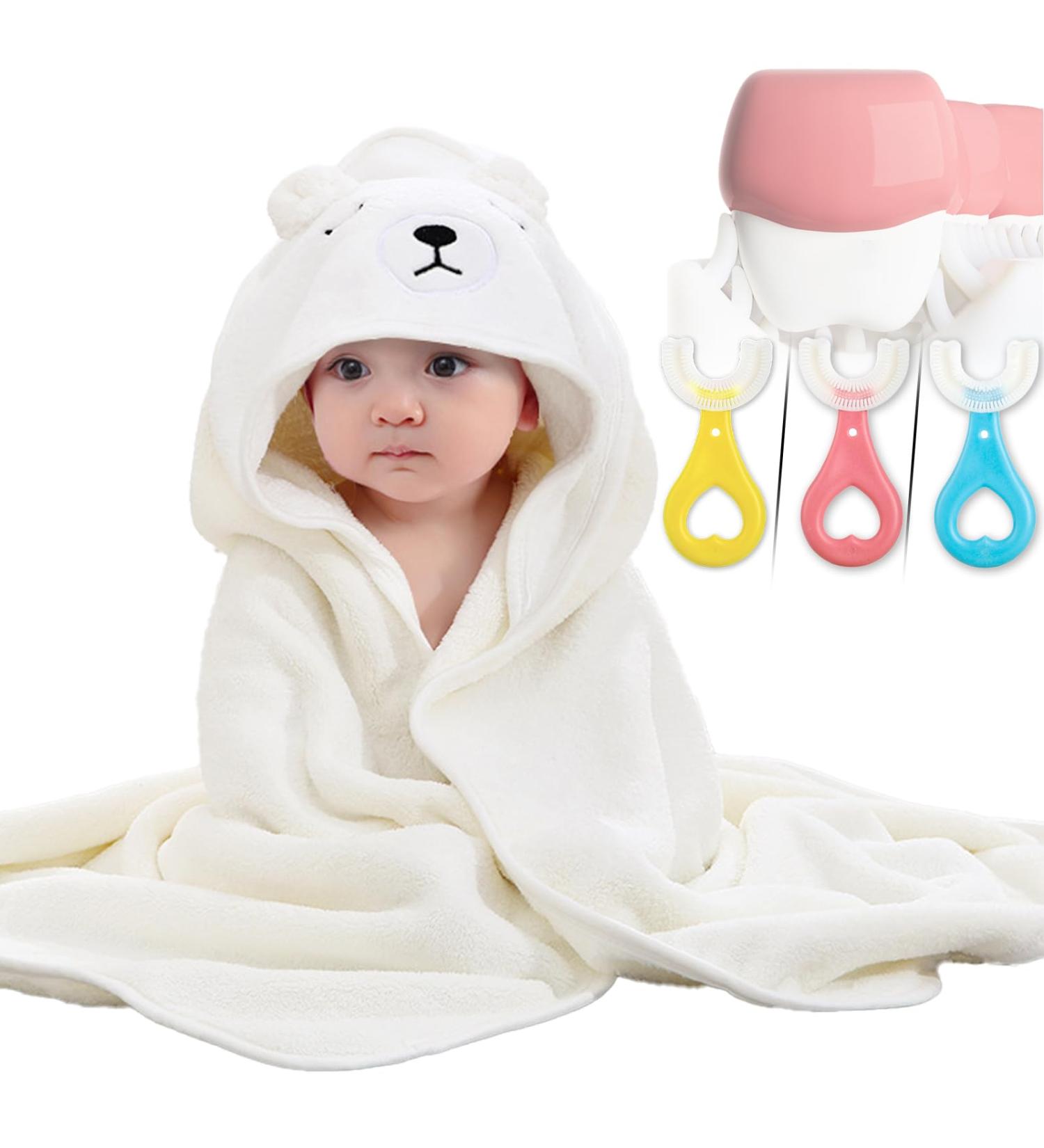 Soft Hooded Baby Towel Set - 2 Pack | Large Absorbent Bath Towels with Unique Animal Design | Perfect Newborn Essential Gift for Boys and Girls | White - Buy Online on SooperMarket.com