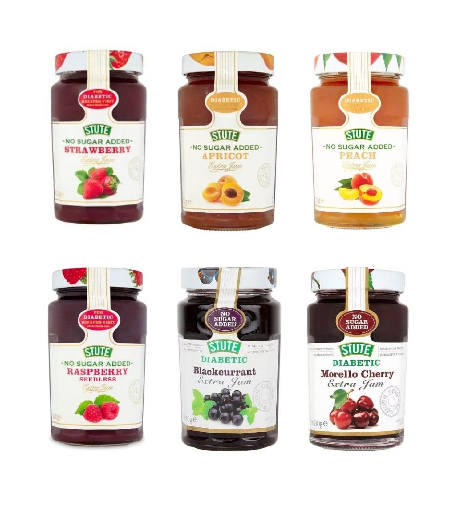 6 x 430g Variety Pack No Added Sugar Jam (1 Each Raspberry Strawberry Apricot MorelloCherry Blackcurrant Peach)