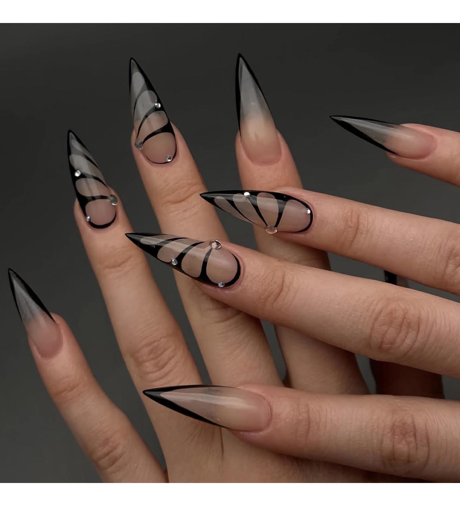 Buy MISUD Long Stiletto Press on Nails - Glossy Black French Tip Fake Nails with Rhinestones & Butterfly Design - 24 pcs Acrylic Nail Set - Fast International Shipping - Buy Online on SooperMarket.com