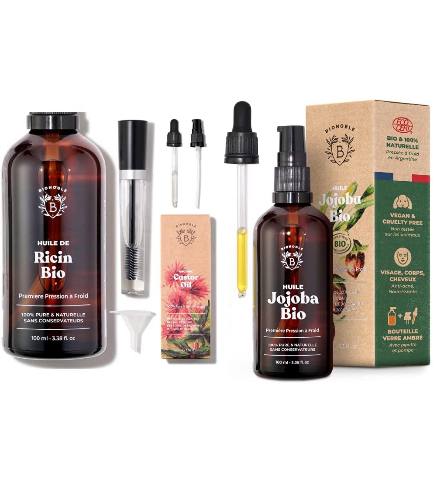 Buy Bionoble Organic Jojoba & Castor Oil Bundle - 100ml Vegan Hair Beard Eyelash & Nail Care - Cruelty-Free with Glass Bottle & Pump - Buy Online on SooperMarket.com