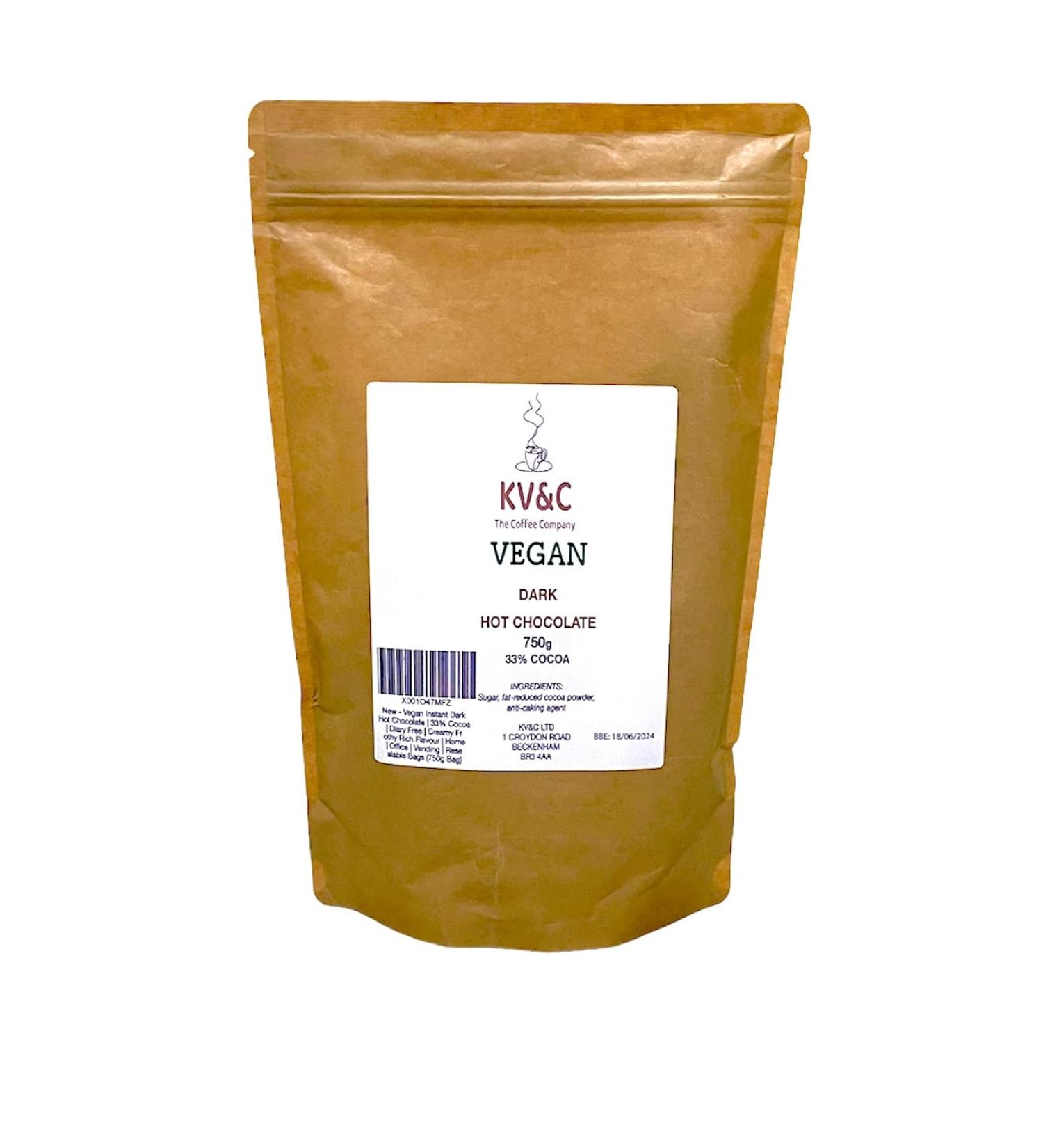 KV&C Vegan Hot Chocolate | 33% Cocoa | Instant just Add Water | Diary Free | Dark Creamy Frothy Rich Flavour | Home | Office | Vending | Resealable Bags (750g Bag) Chocolate 750g Bag - Buy Online on SooperMarket.com