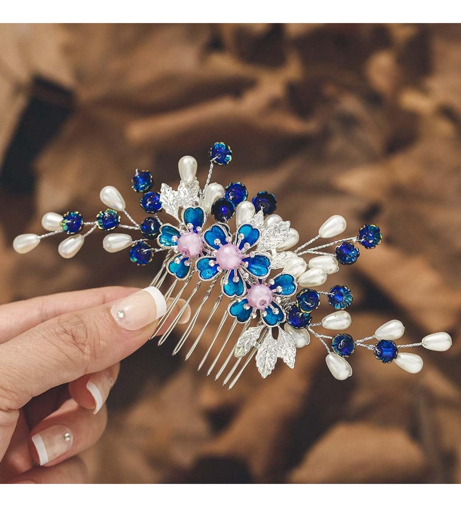 IYOU Flower Wedding Hair Combs Blue Pearl Bridal Headpiece Floral Leaf Hair Piece Bride Bridesmaid Hair Accessories for Women - Buy Online on SooperMarket.com