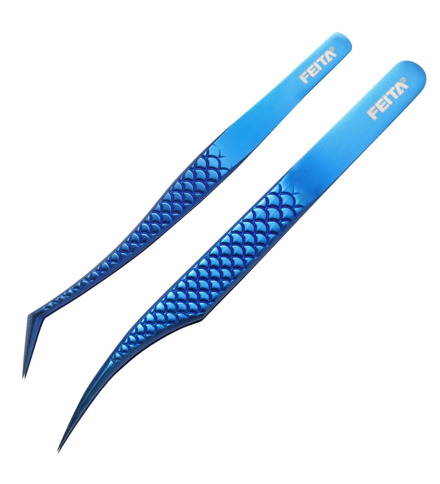 FEITA Diamond Grip Eyelash Extensions Tweezer 2Pcs - Japanese Steel Dolphin-shaped Precision Tweezers for False Lashes Application - Blue - Buy Online on SooperMarket.com