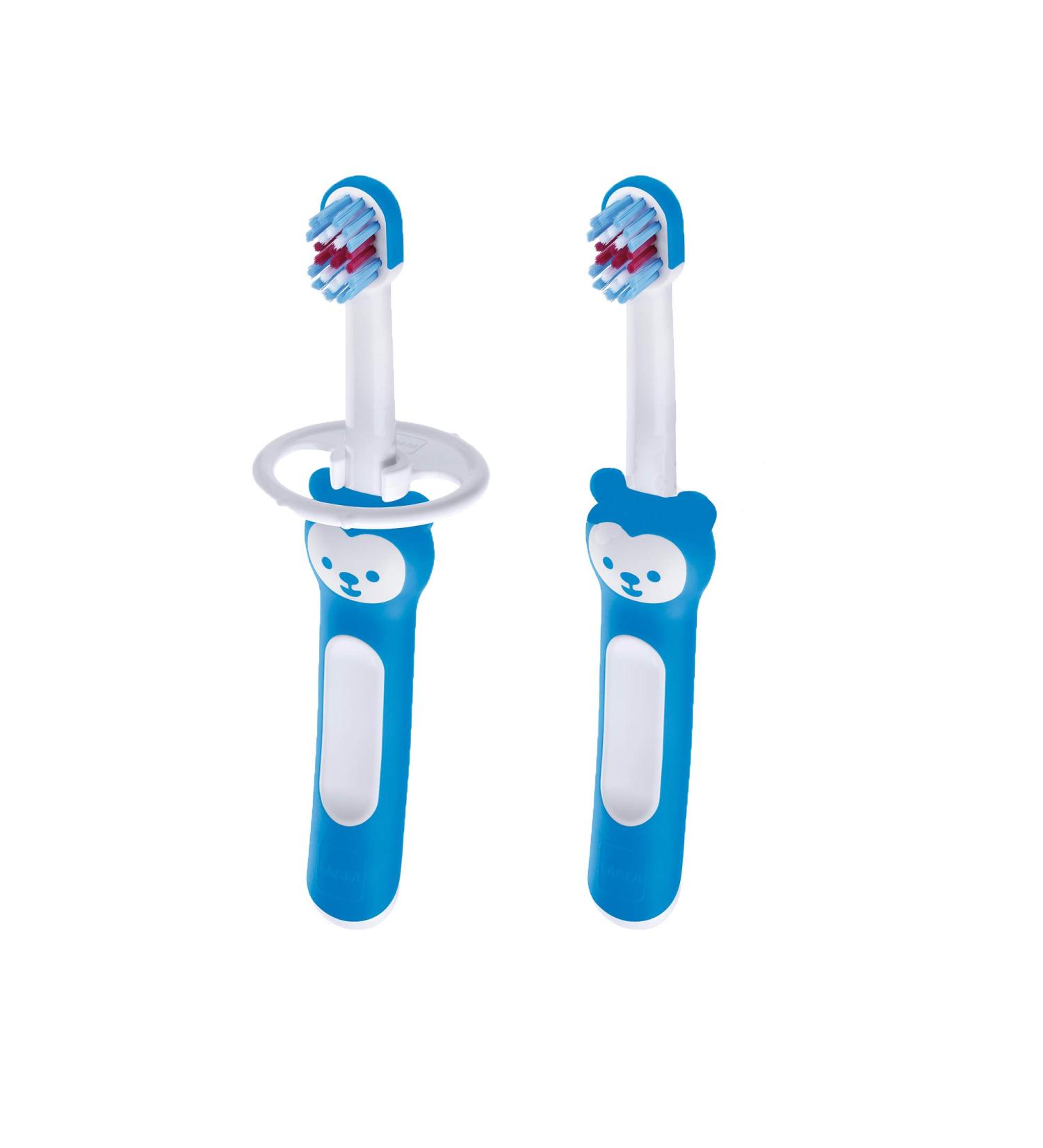 MAM Baby's Brush Set (2 Training Toothbrushes 1 Safety Shield) Baby Toothbrushes with Brushy the Bear Interactive App For Boy 5+ Months Blue - Buy Online on SooperMarket.com