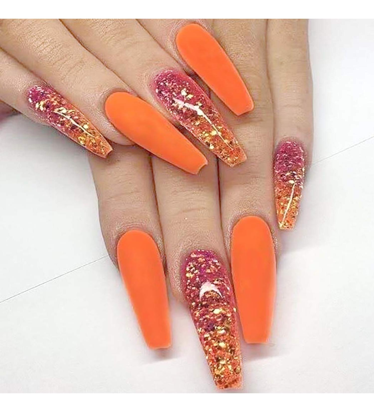 Brishow Long Coffin Fake Nails - Orange Acrylic Ballerina Stick-On Nails | 24PCs for Women & Girls - International Shipping - Buy Online on SooperMarket.com