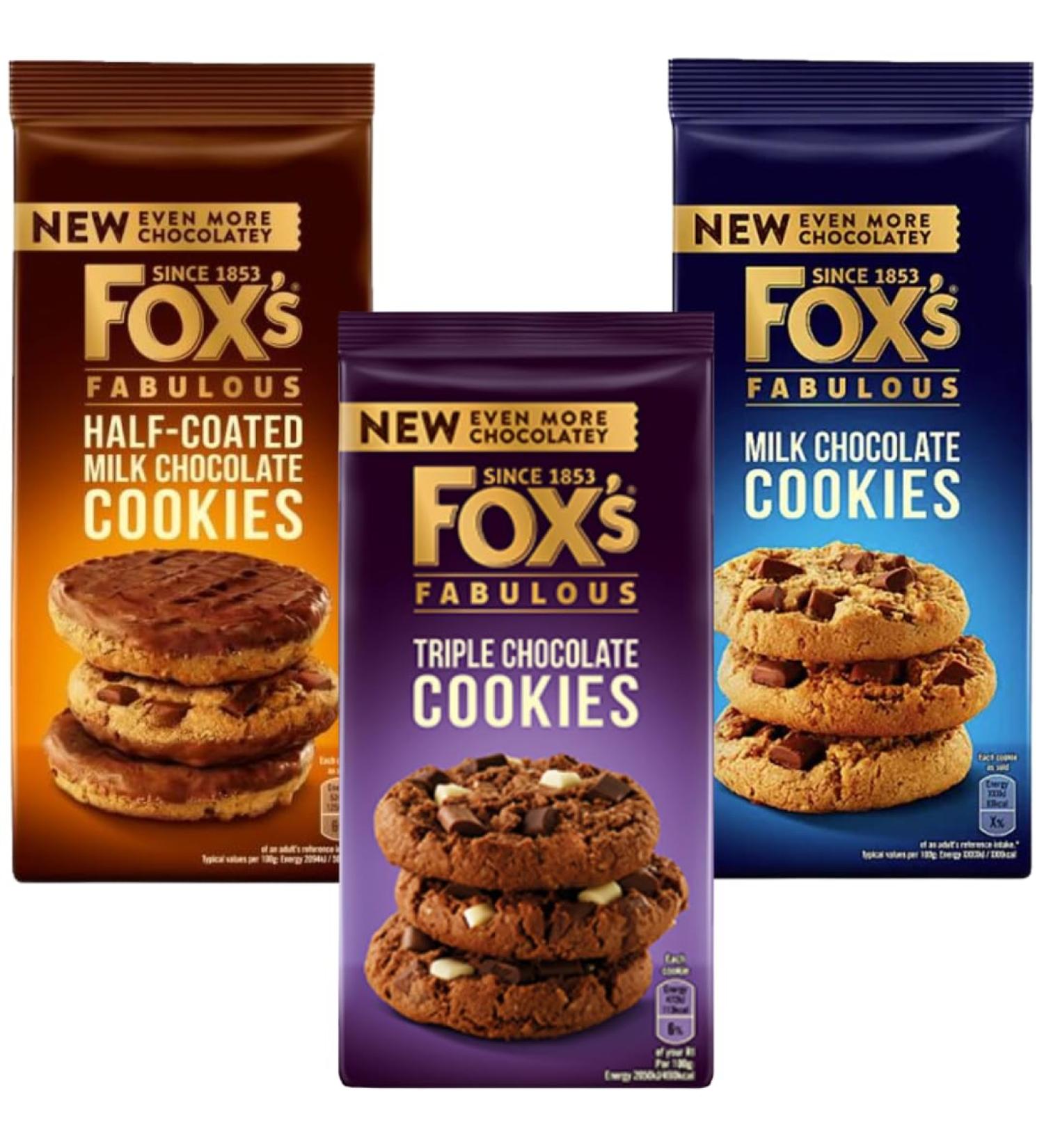 Chocolate Cookies Bundle with Fox's Fabulous Triple Chocolate Cookies 180g Fabulous Milk Chocolate Cookies 180g and Fabulous Half-Coated Milk Chocolate Cookies 175g (3 Pack)