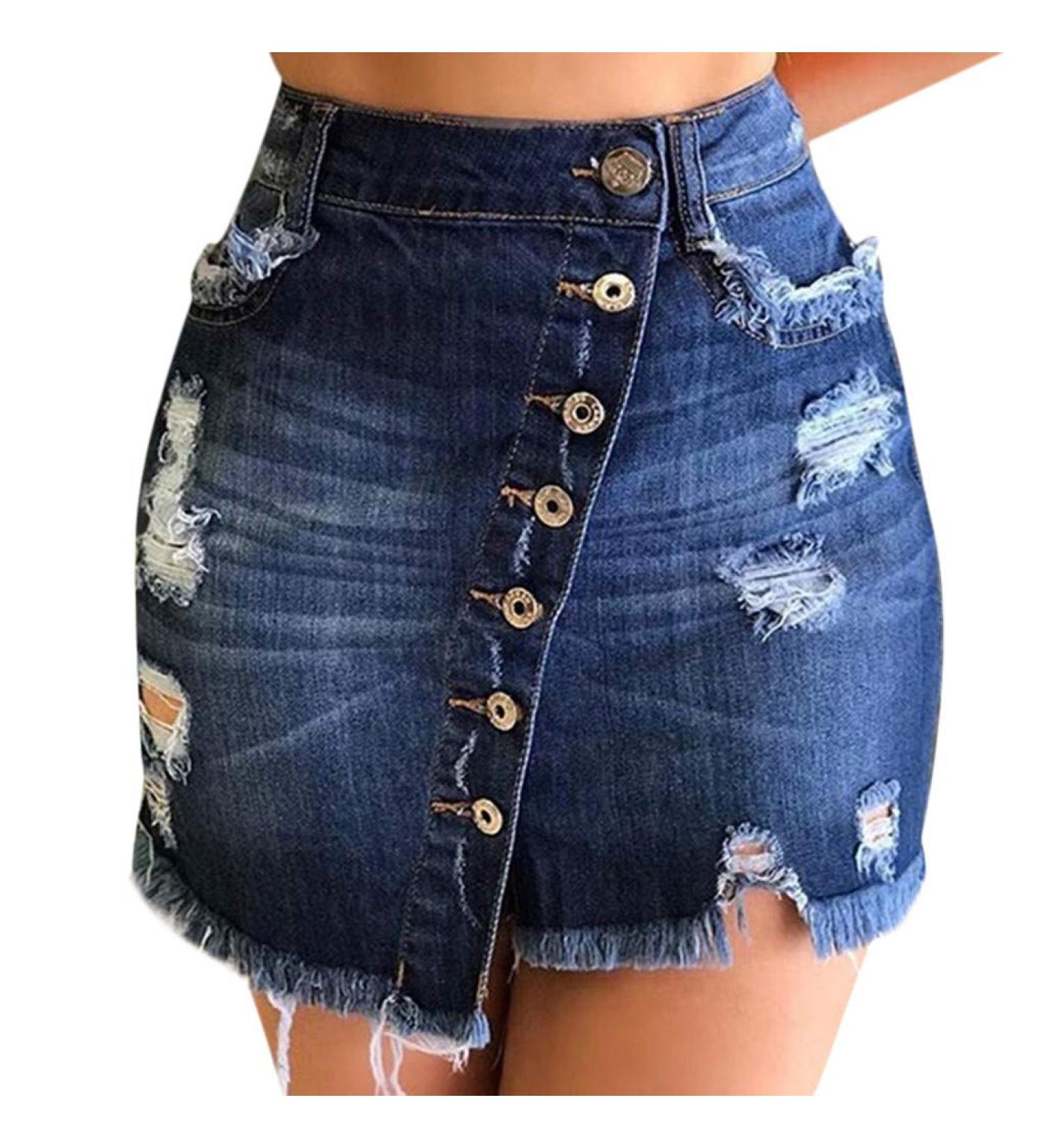 Sanahy Women's Dark Washed Denim Pencil Skirt - Frayed Front Split, Asymmetrical Button Front, Distressed Detail | Navy - Buy Online on SooperMarket.com