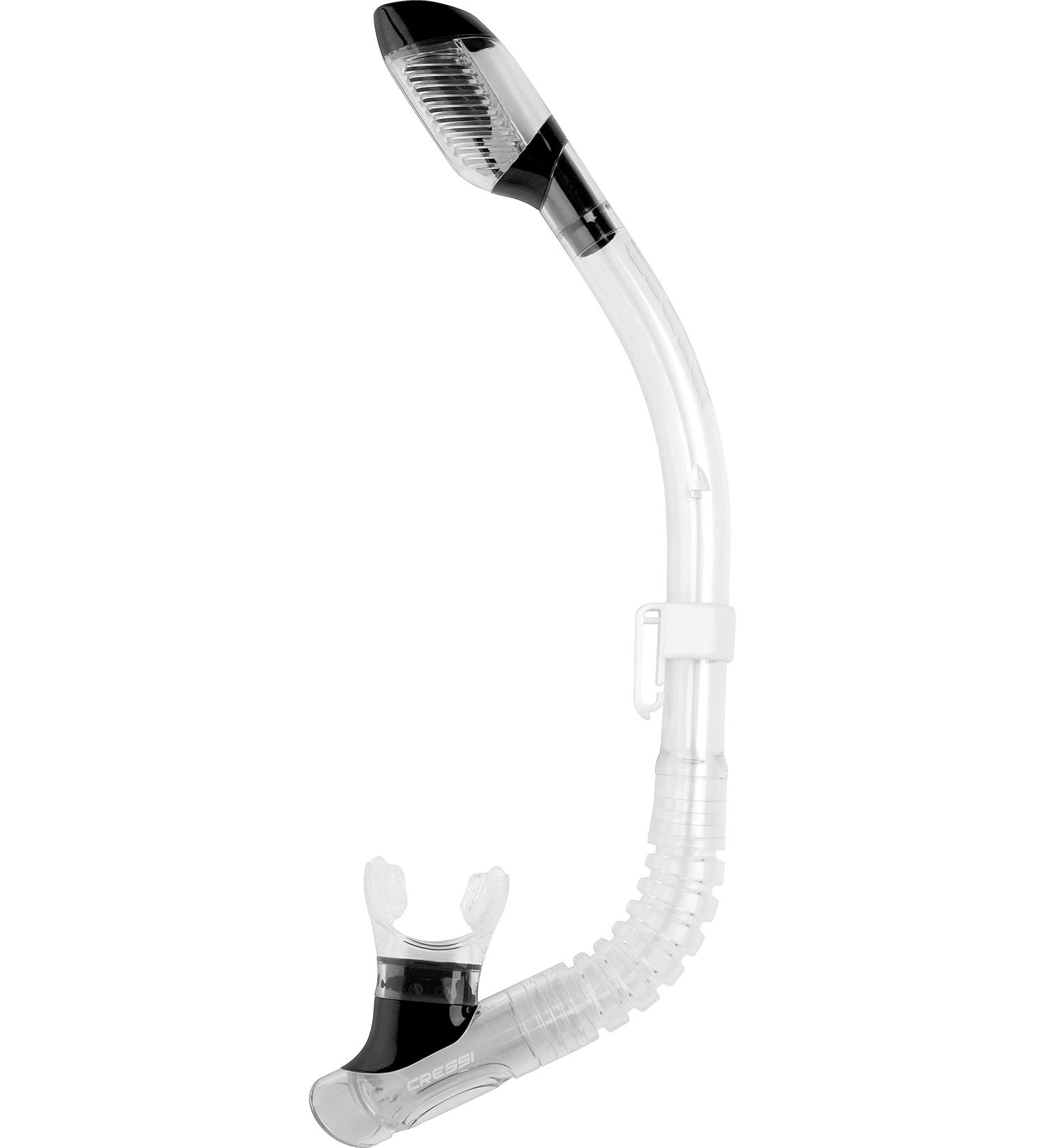 Cressi Youth Dry-Top Snorkel | Splash-Guard and Closing Valve on Top, Silicone Mouthpiece, Quick-Release Keeper | Designed in Italy Clear/Black